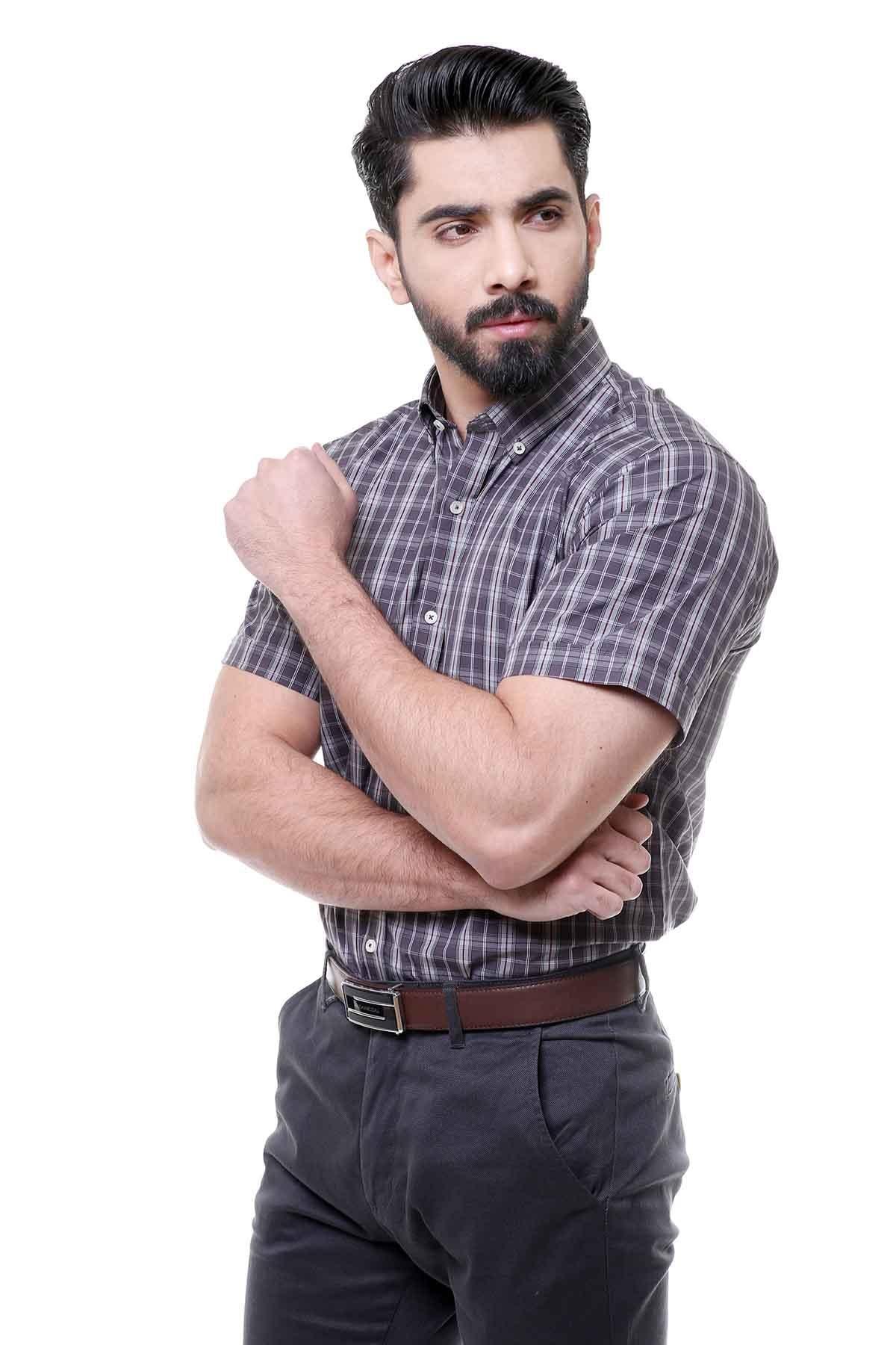 SEMI FORMAL SHIRTS BUTTON DOWN HALF SLEEVE  DARK GREY CHECK - Image 2