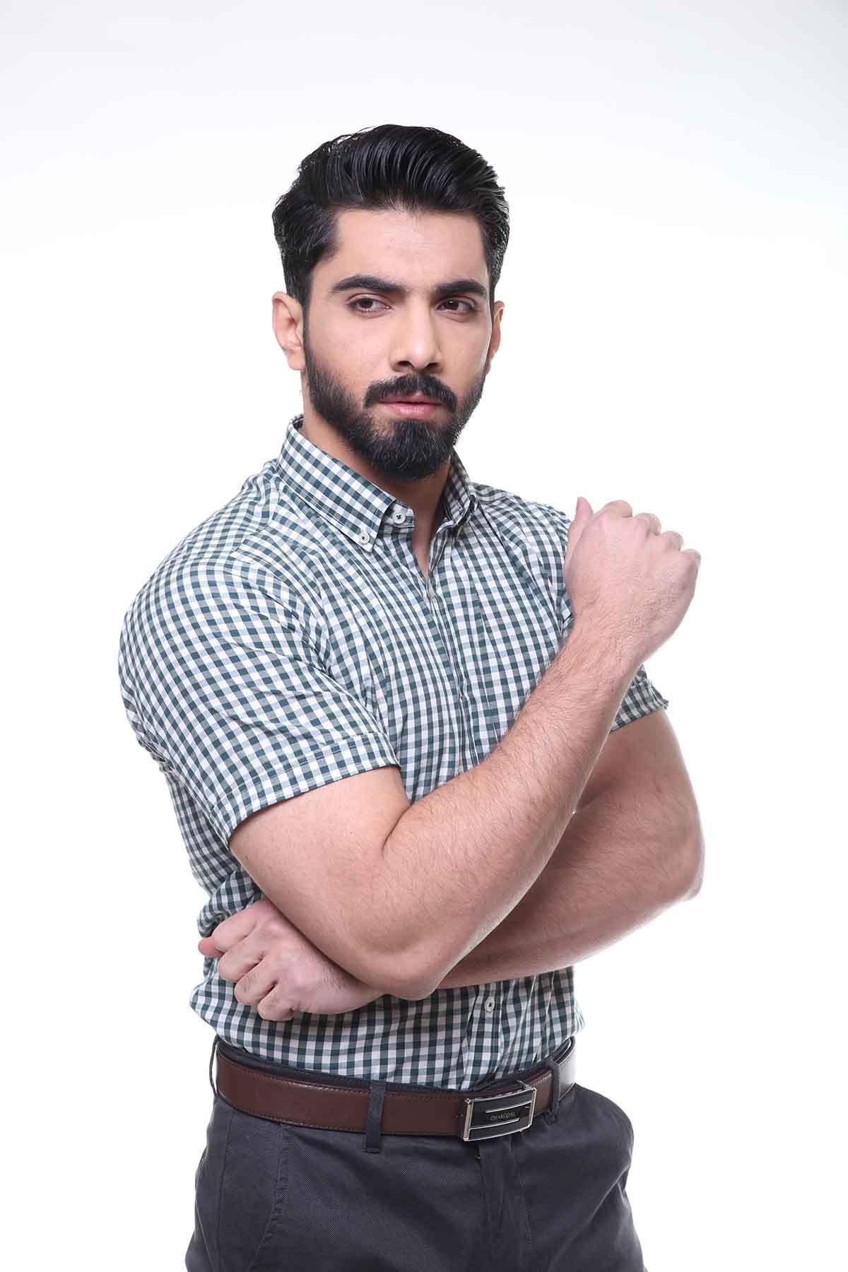 SEMI FORMAL SHIRTS BUTTON DOWN HALF SLEEVE BLUE GREEN CHECK - Image 2