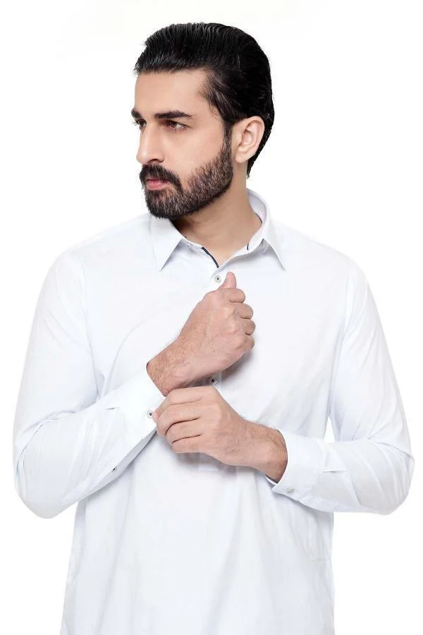 Shalwar Kameez with Collar Light Grey - Image 3