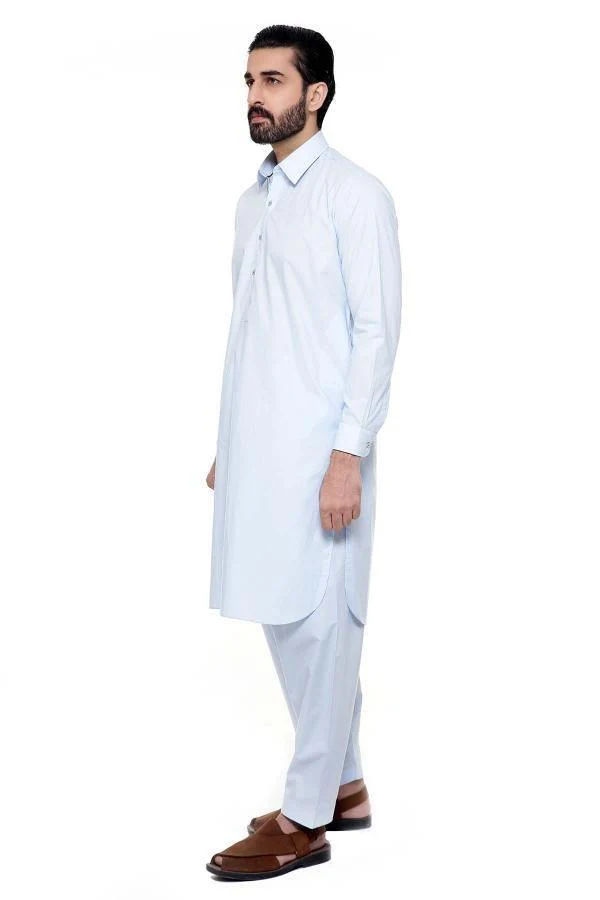 Shalwar Kameez with Collar Sky Blue - Image 3