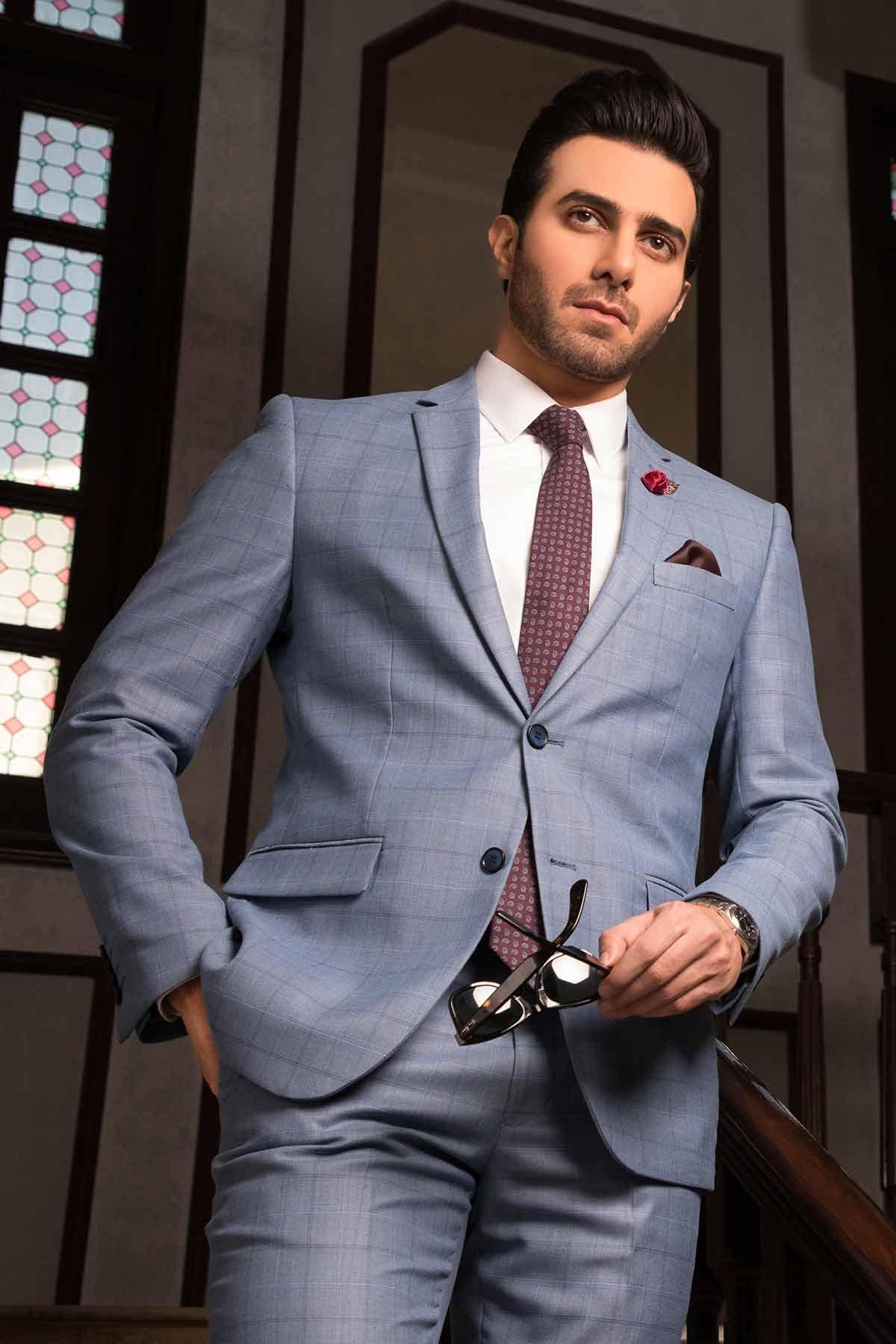 CHECK SUIT 2 BUTTON SKY BLUE