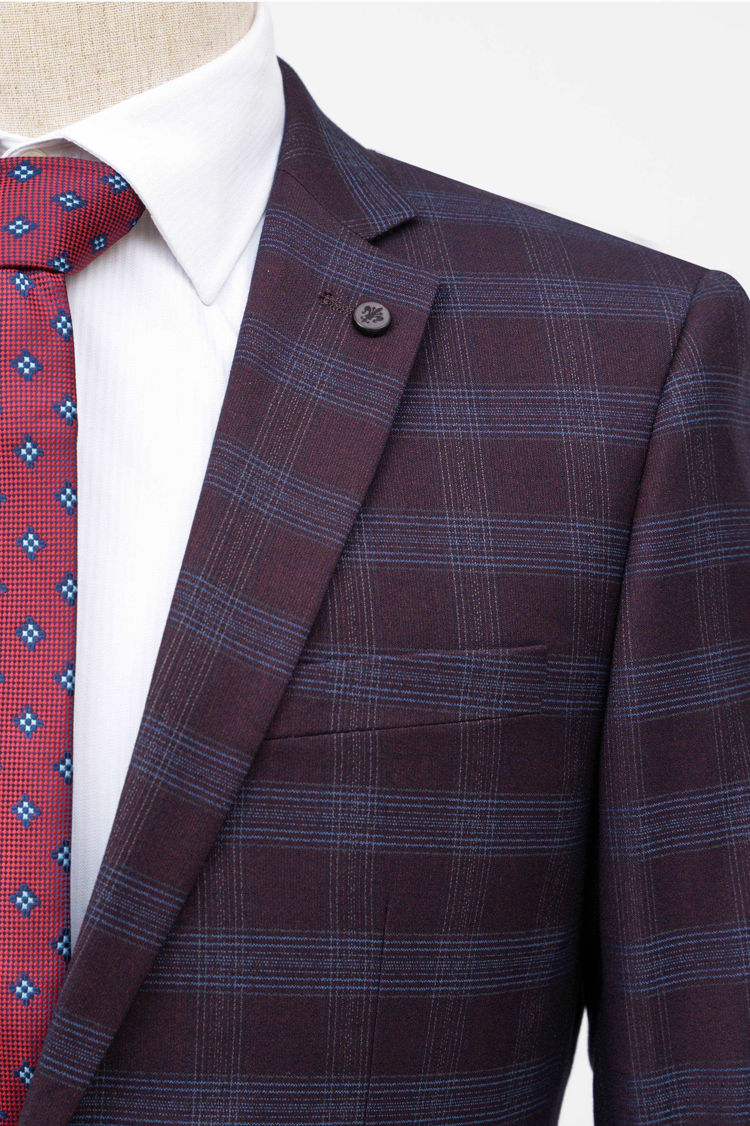 2 PIECE SUIT SLIM FIT MAROON CHECK - Image 2