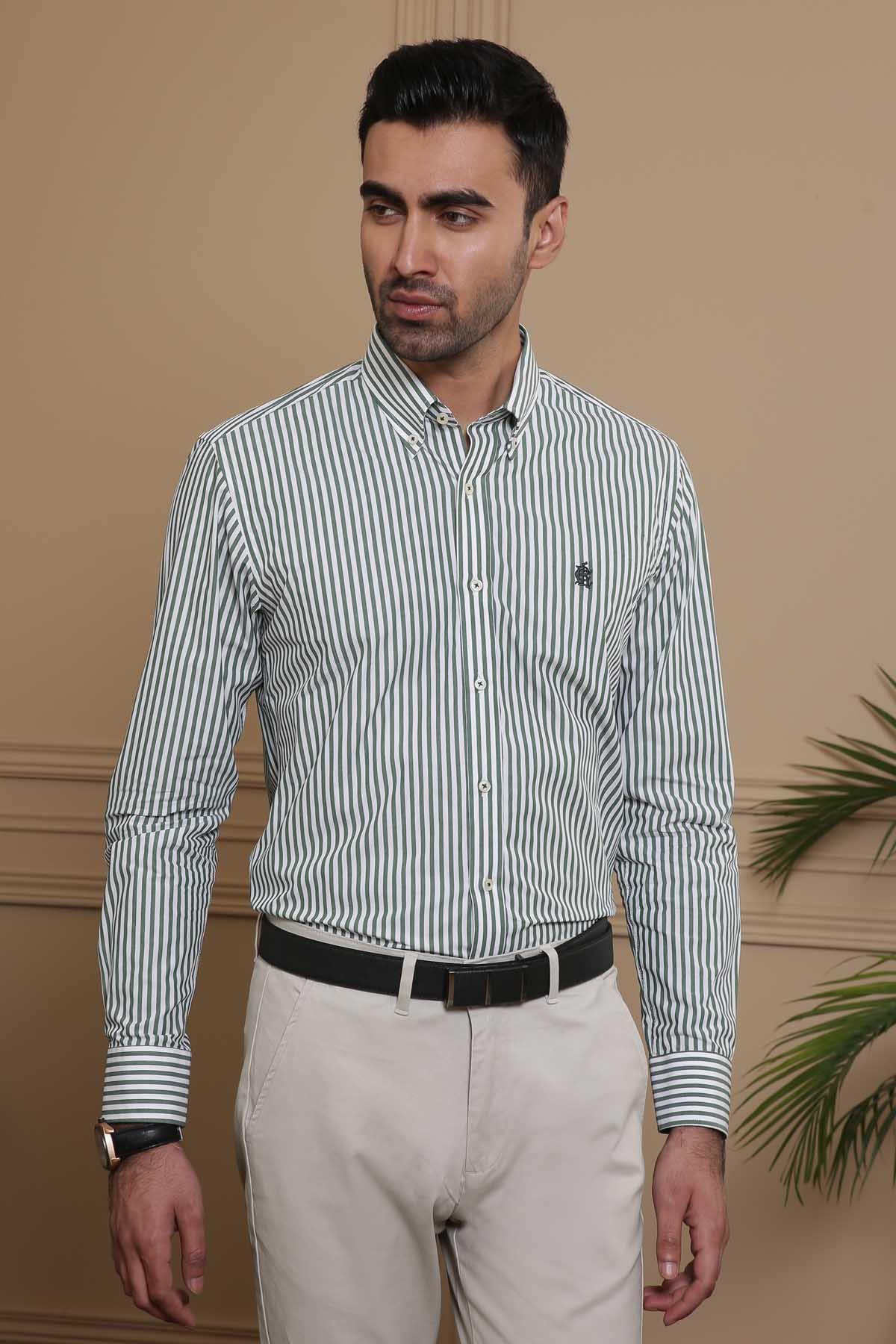 SEMI FORMAL SHIRTS BUTTON DOWN FULL SLEEVE SLIM FIT GREEN WHITE