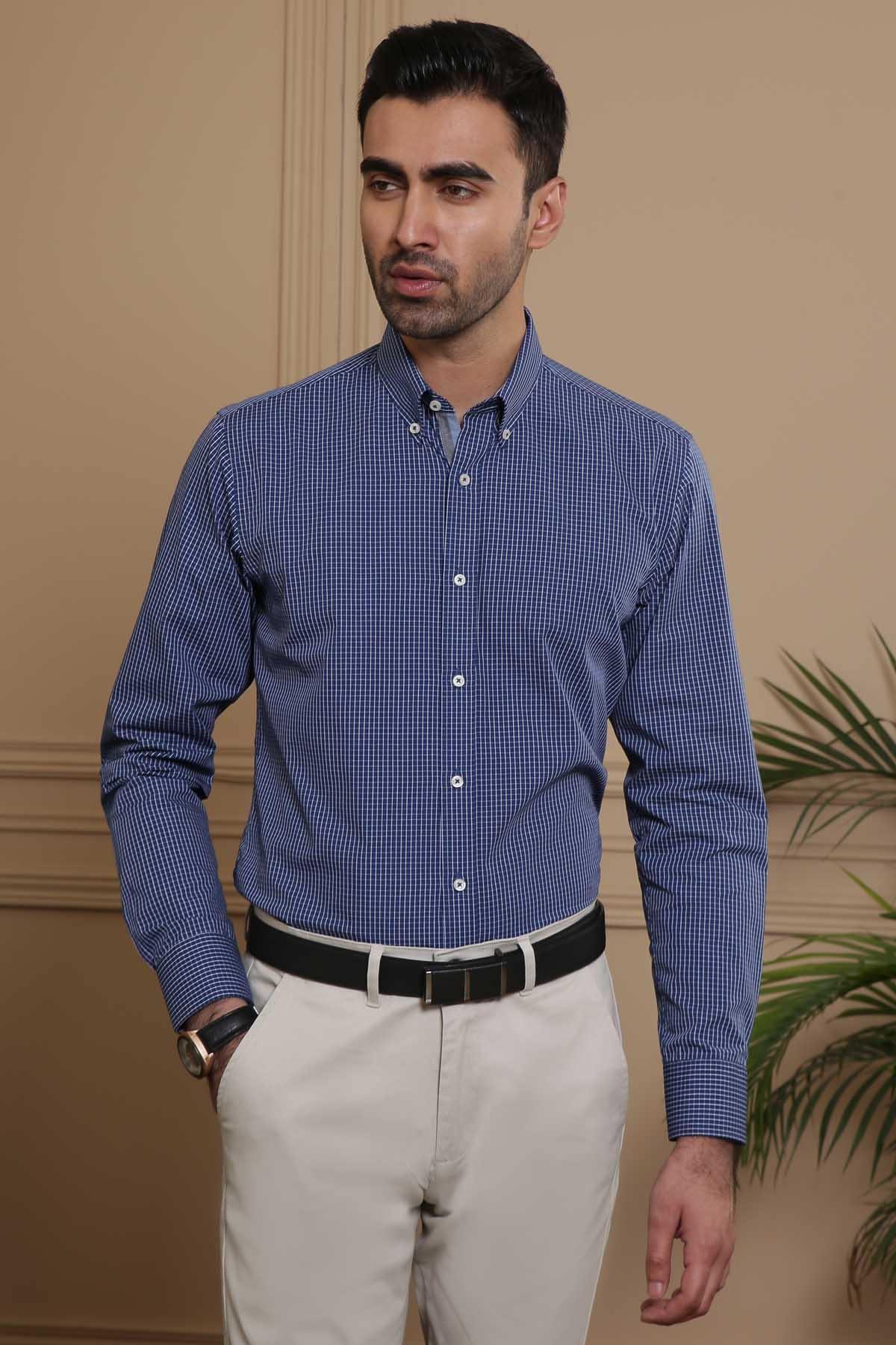 SEMI FORMAL SHIRTS BUTTON DOWN FULL SLEEVE SLIM FIT NAVY WHITE