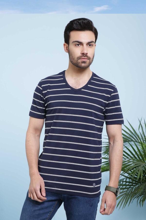 T SHIRT V NECK NAVY WHITE