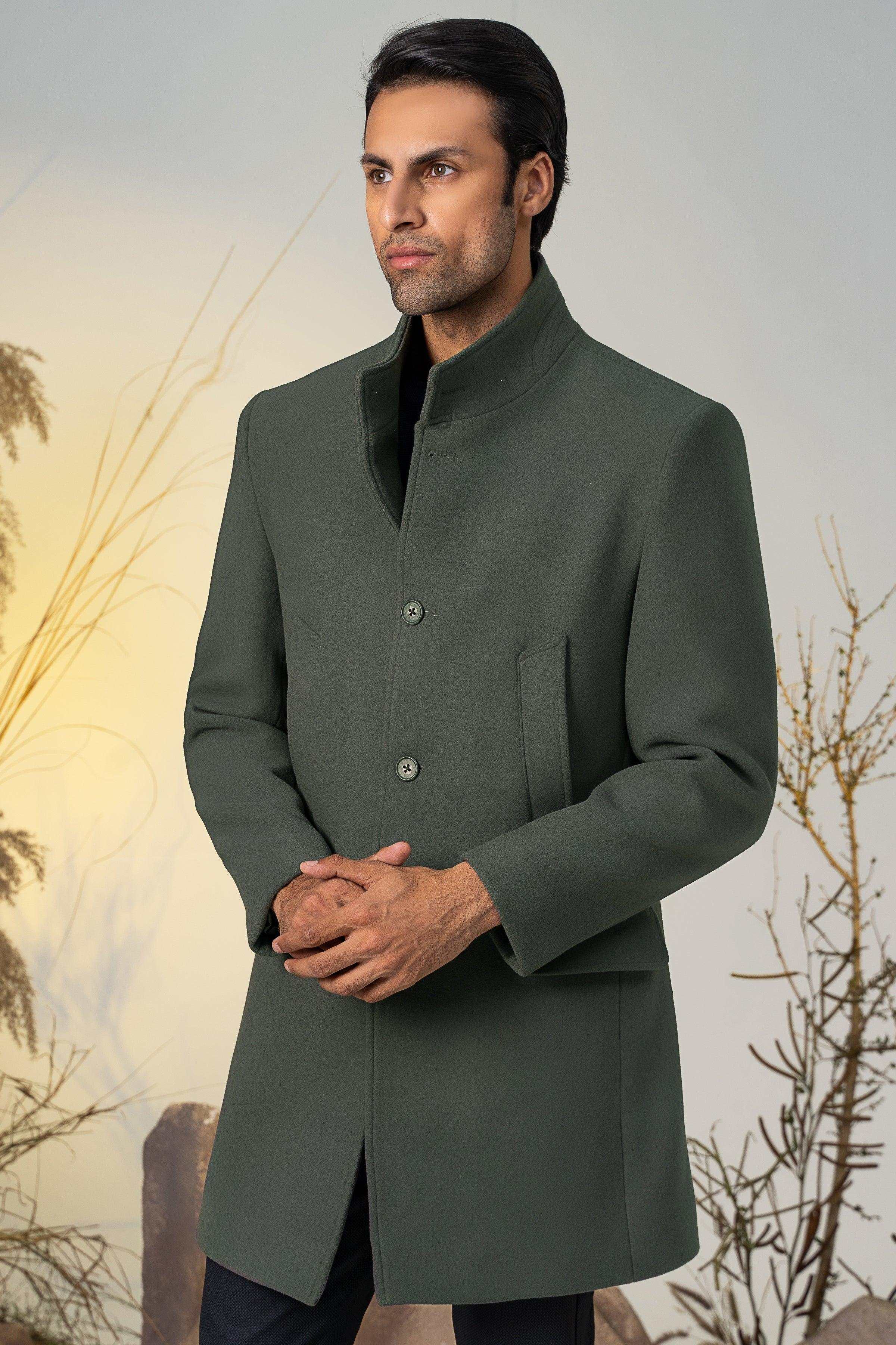 BAN COLLAR LONG COAT GREEN - Image 3