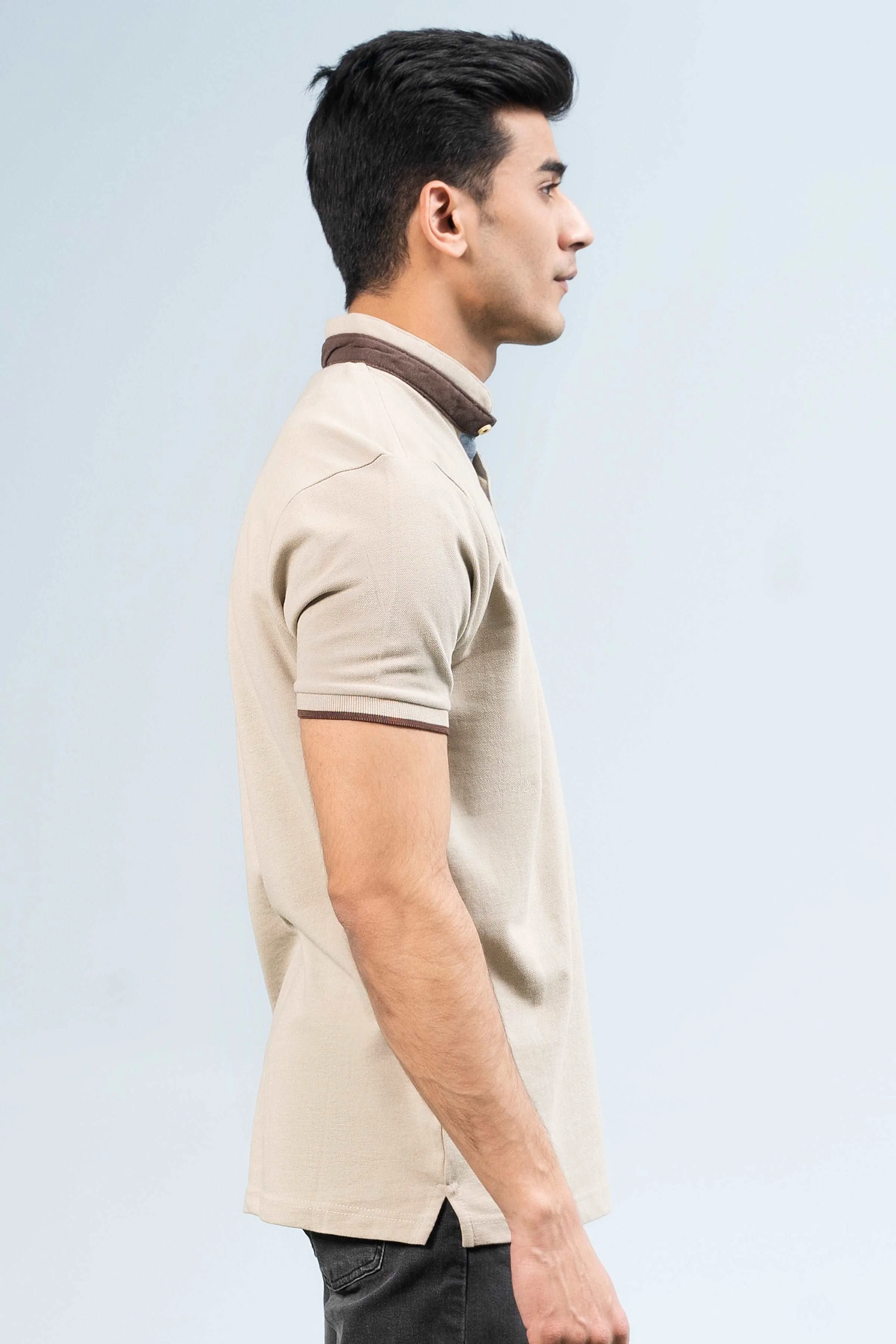 BAN COLLAR POLO LIGHT KHAKI - Image 3