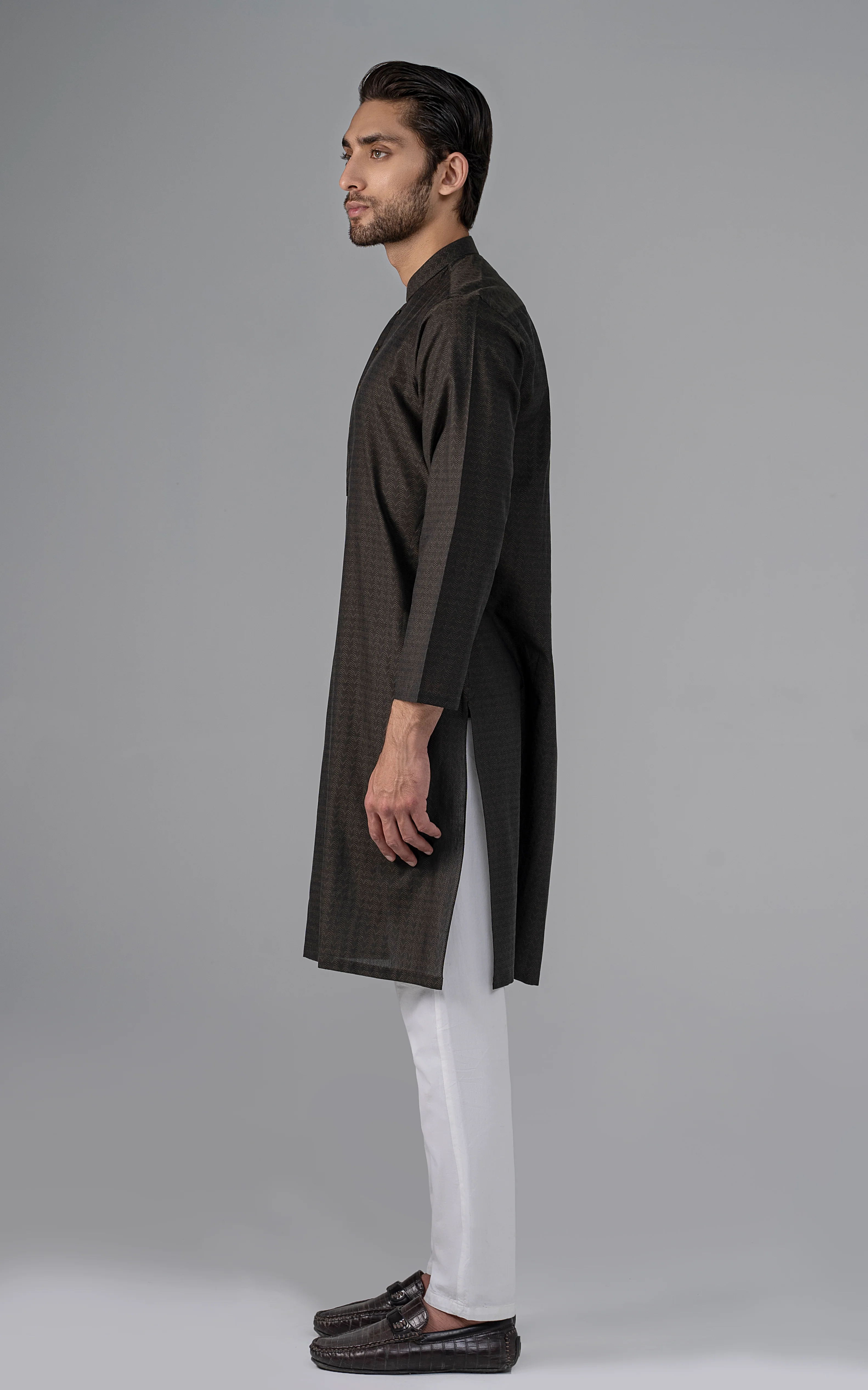 JACQUARD YARN DYED KURTA - PREMIUM COLLECTION  OLIVE - Image 3