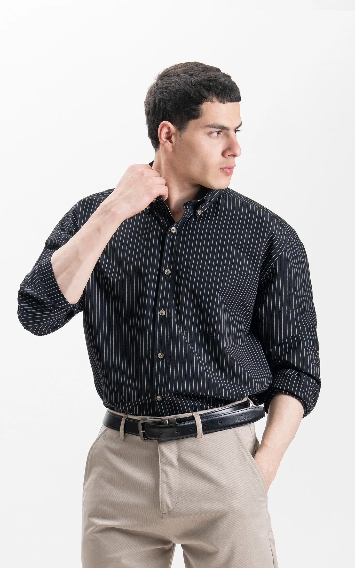 BUTTON DOWN COLLAR STRIPED CASUAL SHIRT BLACK - Image 6