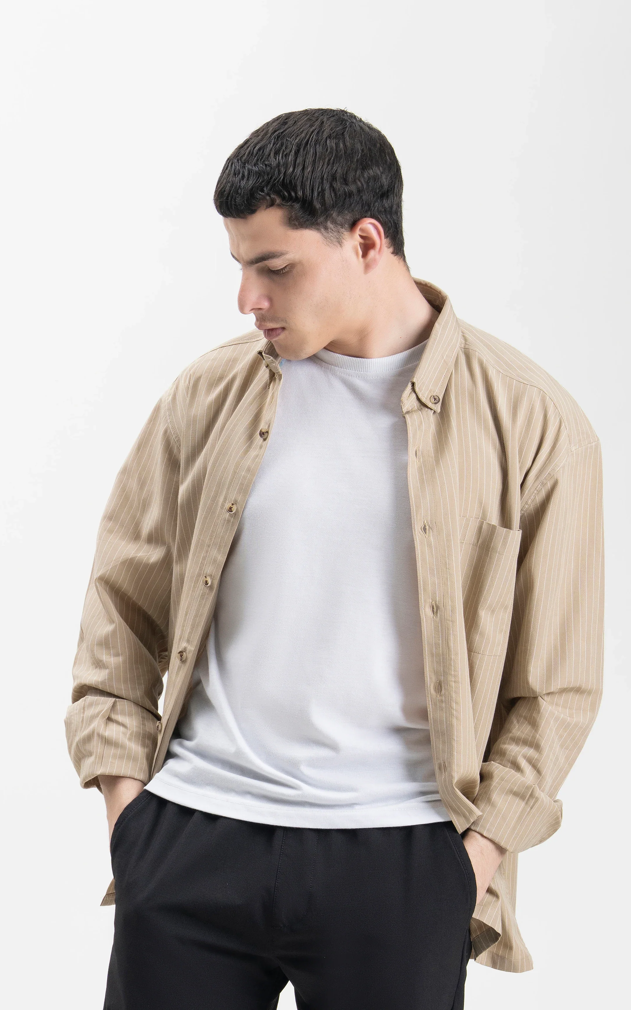 BUTTON DOWN COLLAR STRIPED CASUAL SHIRT KHAKI - Image 3