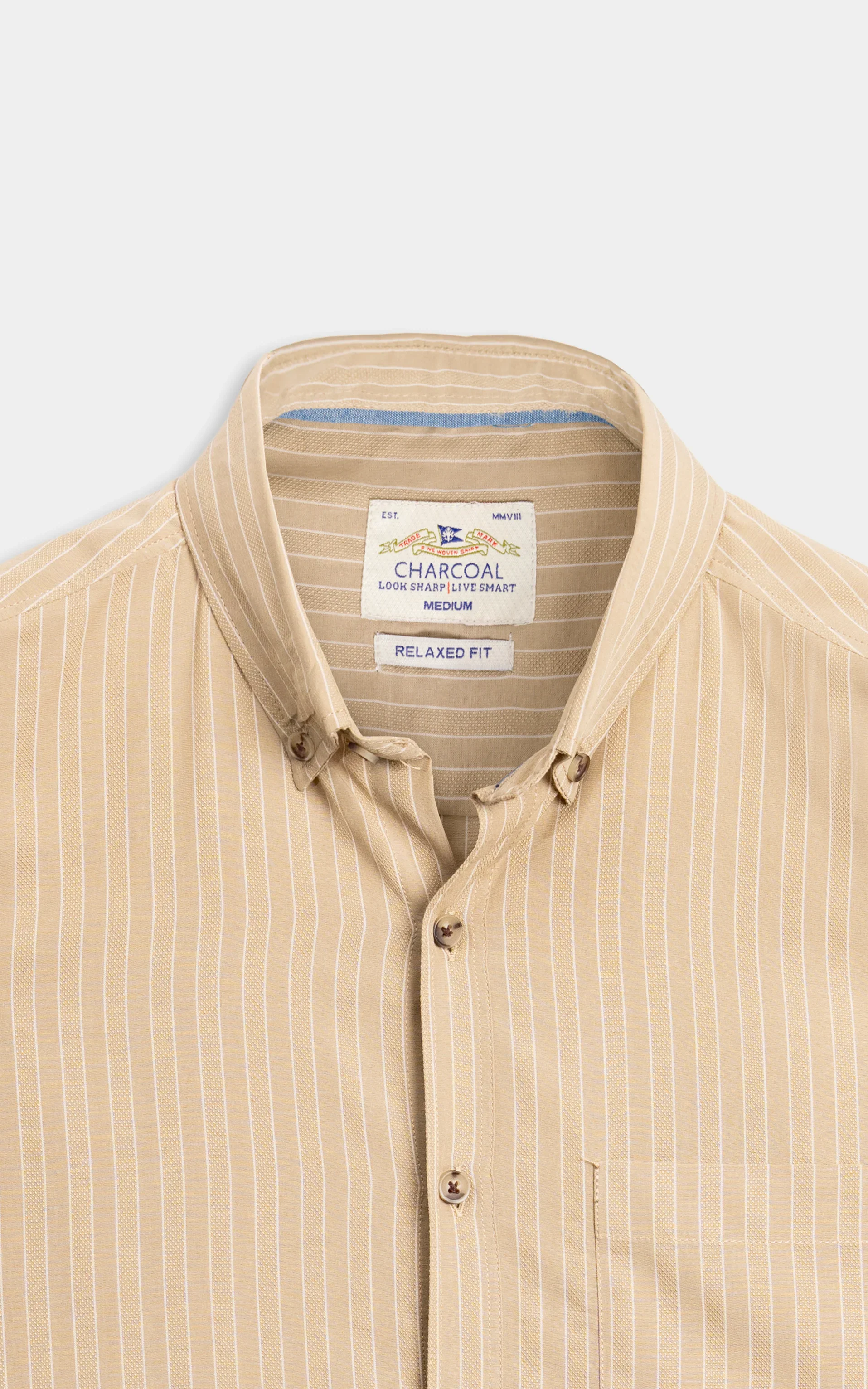 BUTTON DOWN COLLAR STRIPED CASUAL SHIRT KHAKI - Image 4
