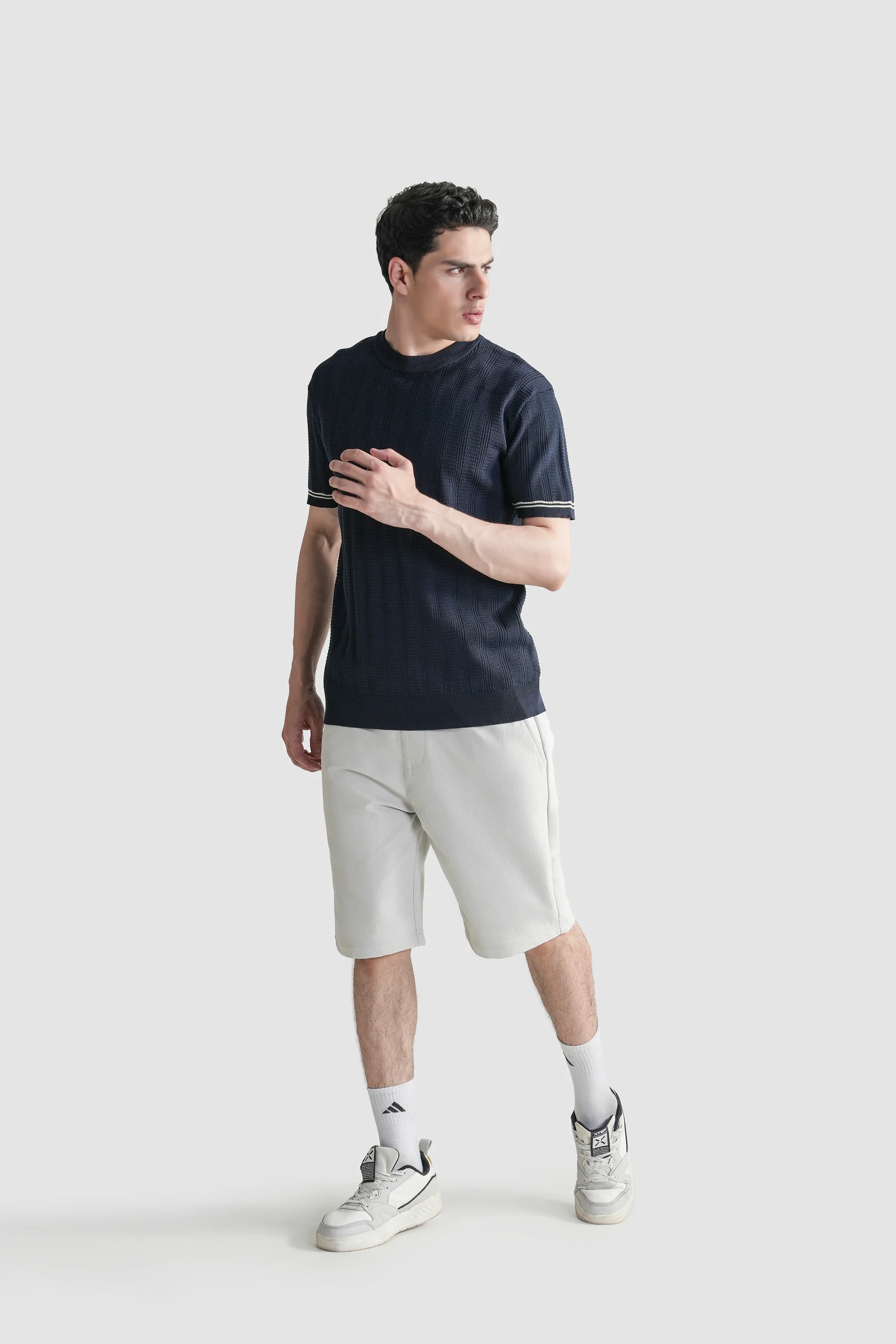 CABLE KNIT SELF TEXTURED CREW NECK T-SHIRT NAVY - Image 3