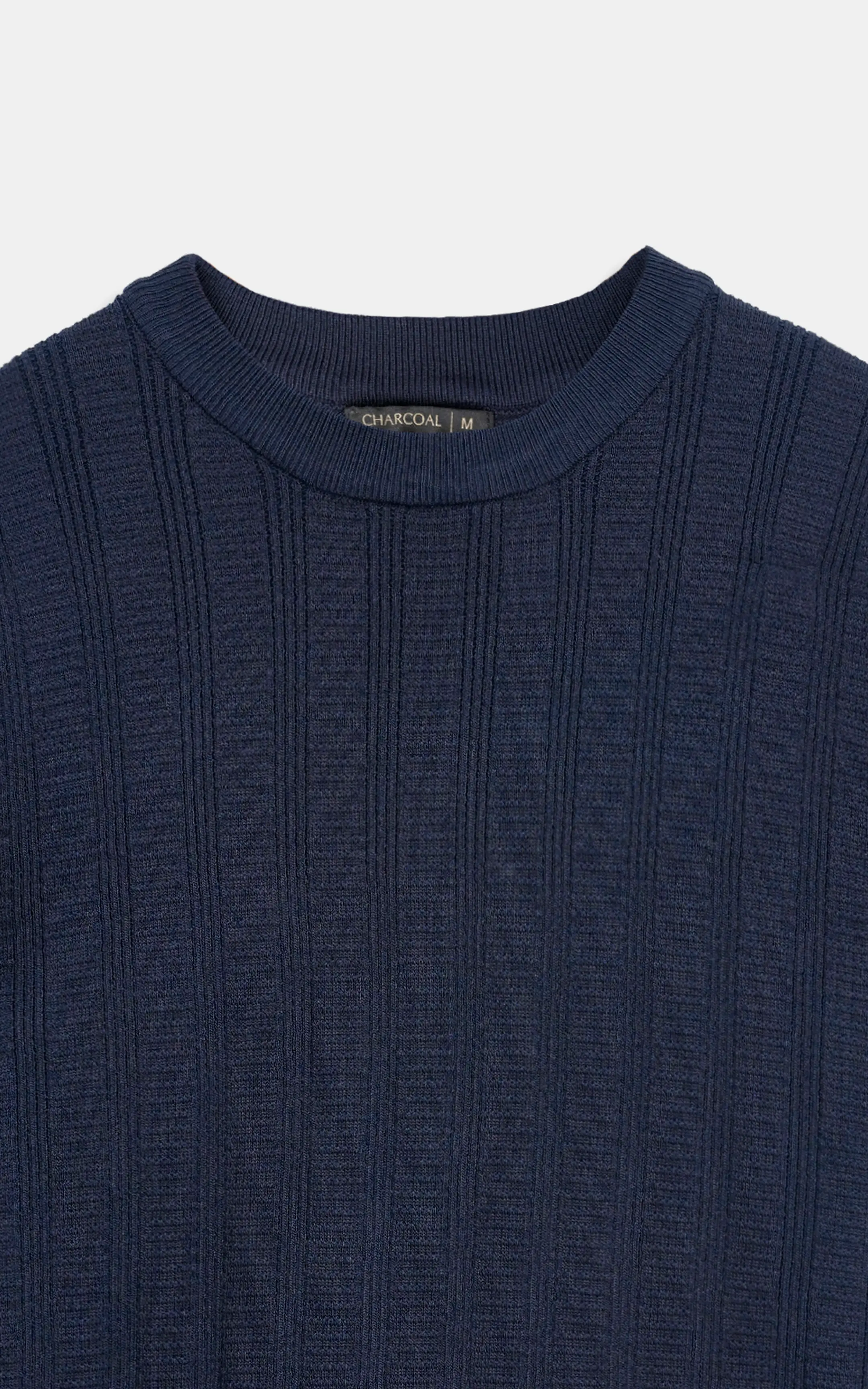 CABLE KNIT SELF TEXTURED CREW NECK T-SHIRT NAVY - Image 4