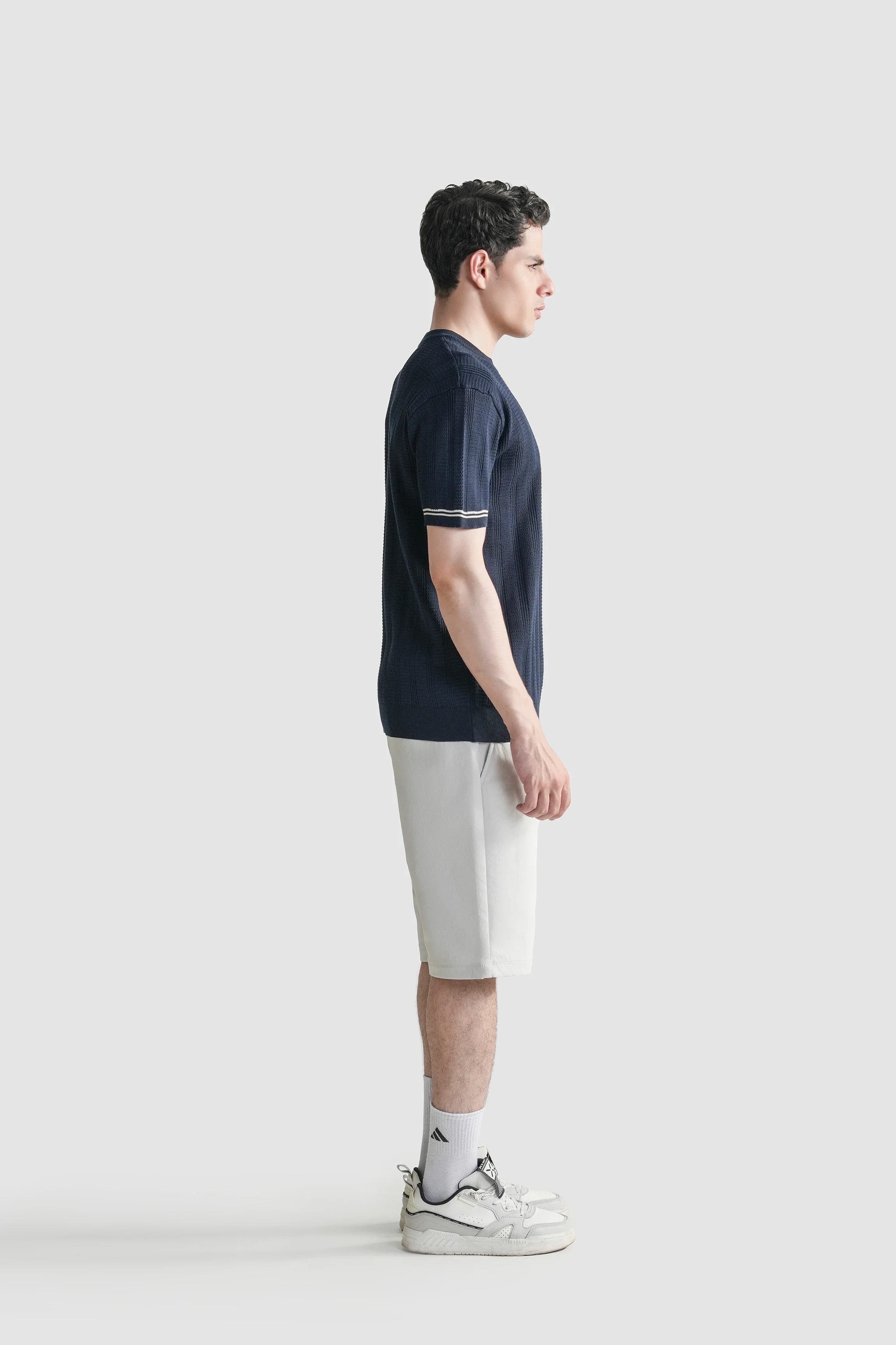 CABLE KNIT SELF TEXTURED CREW NECK T-SHIRT NAVY - Image 5