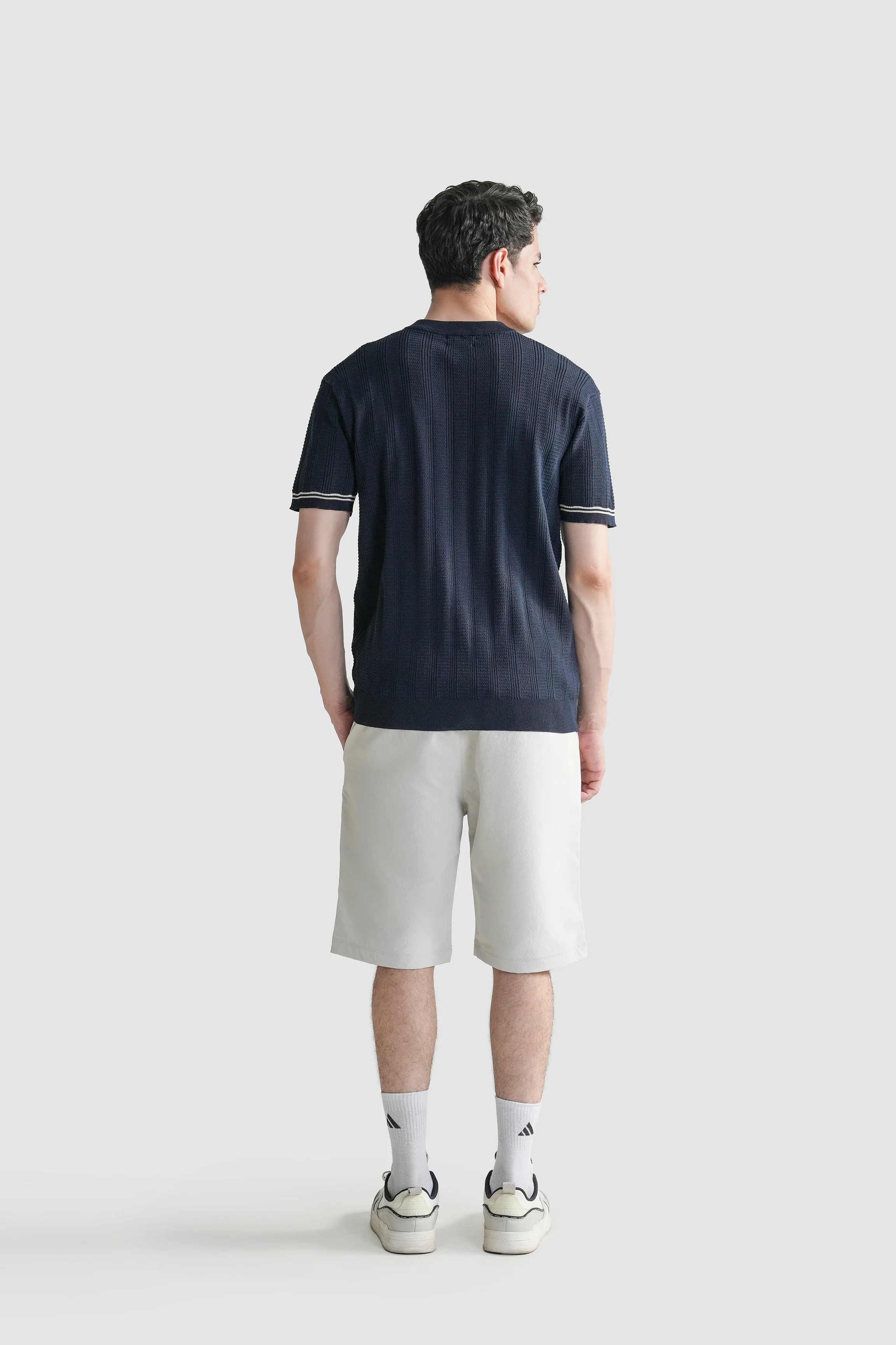 CABLE KNIT SELF TEXTURED CREW NECK T-SHIRT NAVY - Image 7