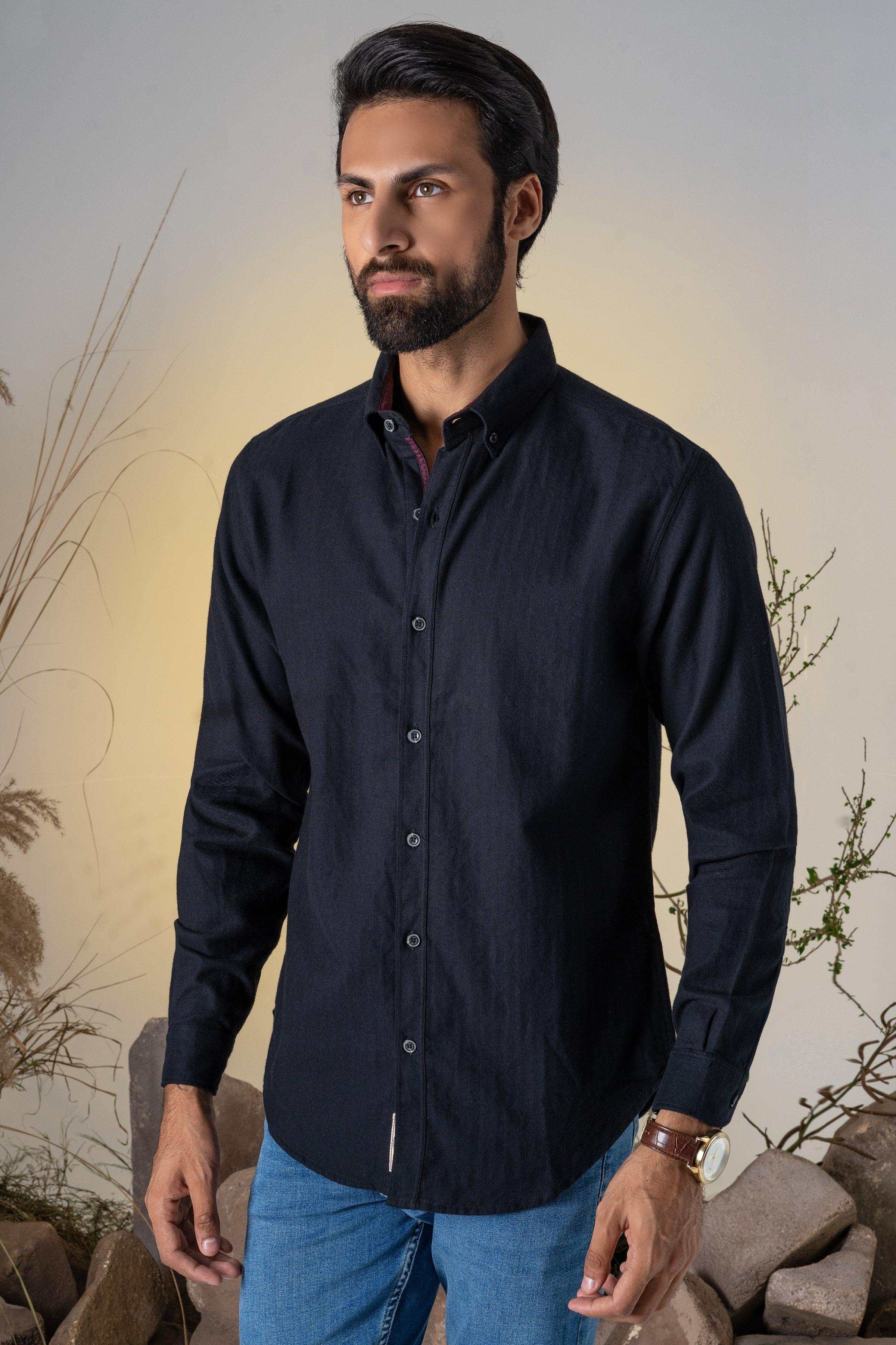 CASUAL SHIRT BLACK HERRINGBONE BONE - Image 3