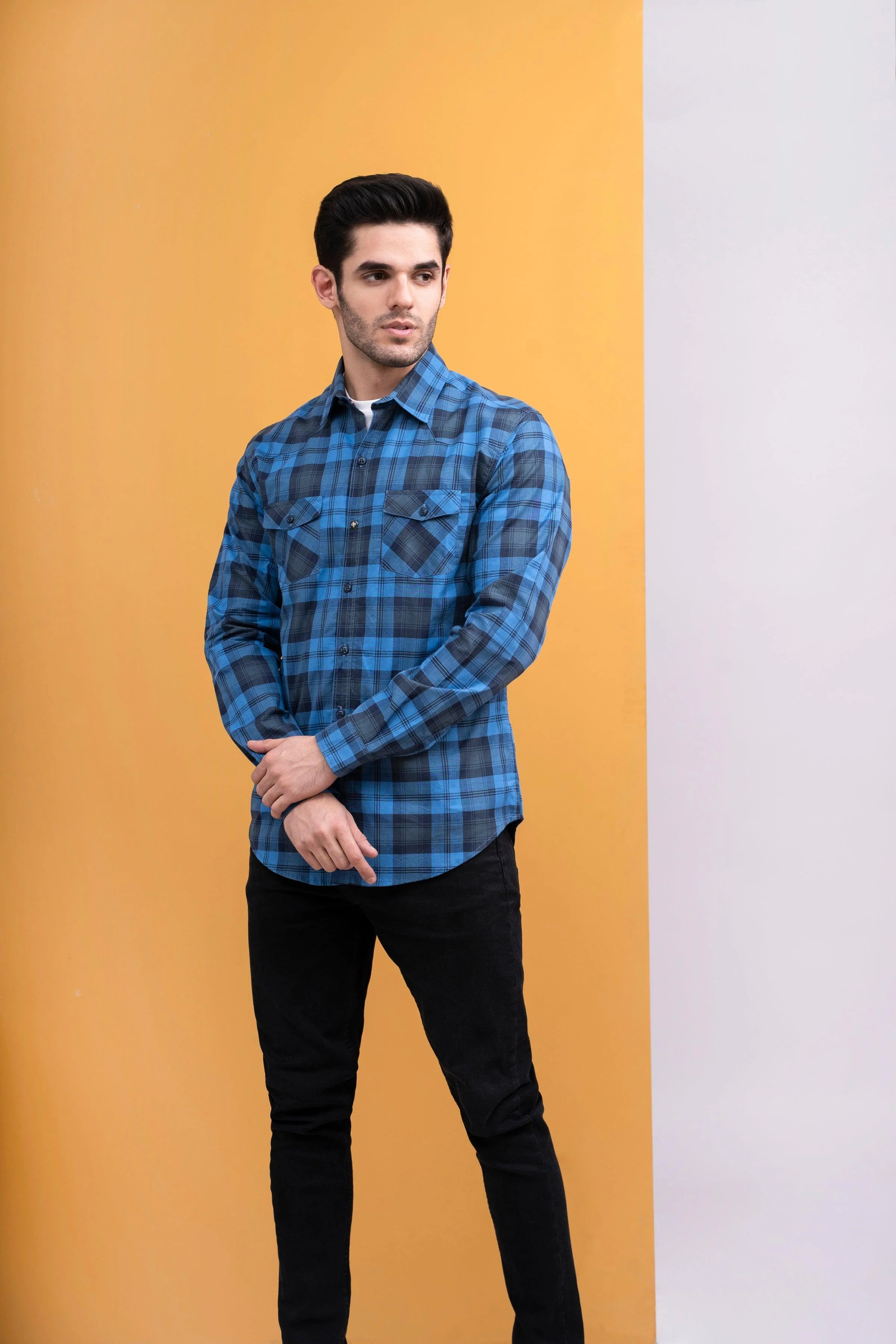 CASUAL SHIRT FRONT PANNEL DOUBLE POCKET BLUE CHECK