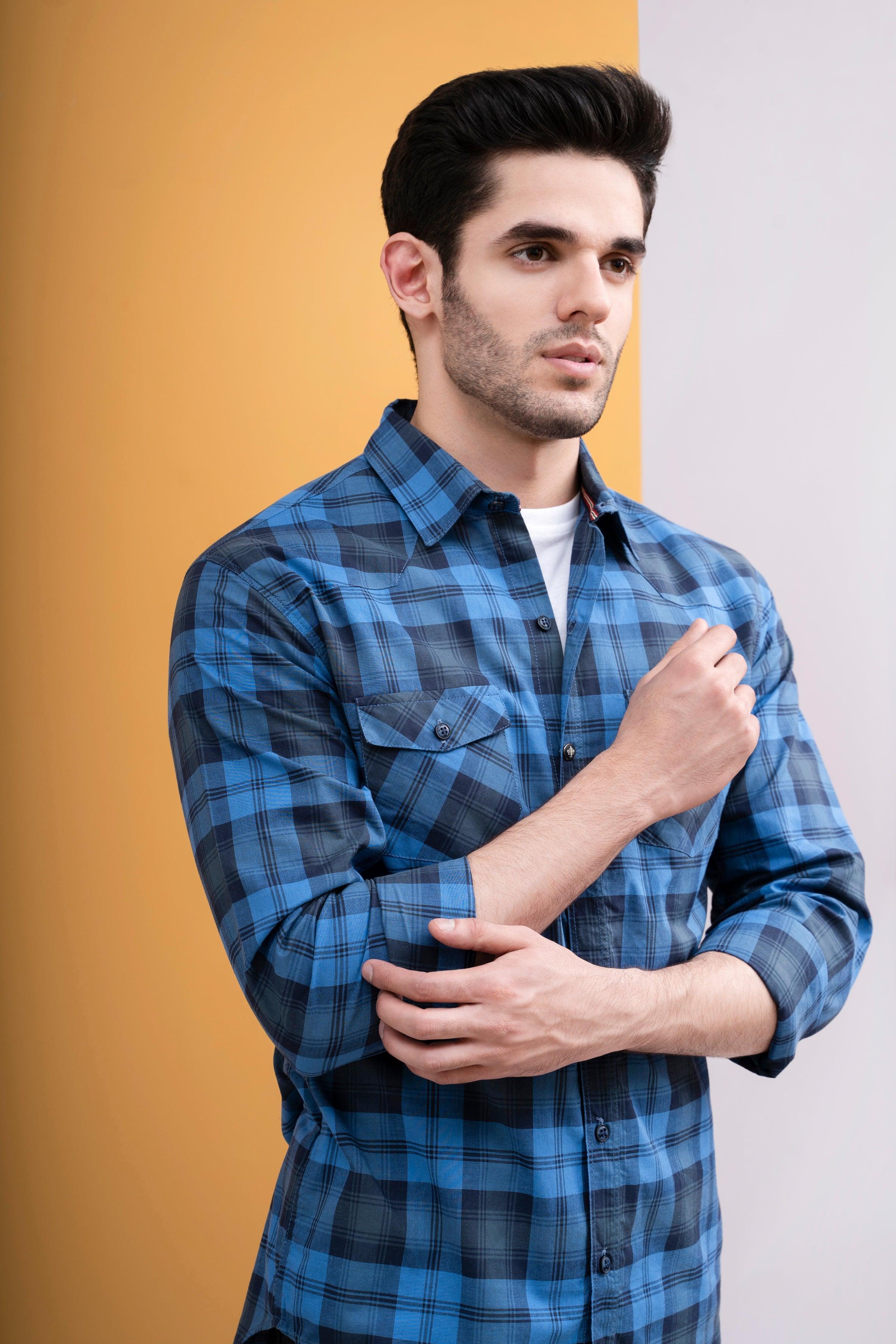 CASUAL SHIRT FRONT PANNEL DOUBLE POCKET BLUE CHECK - Image 5