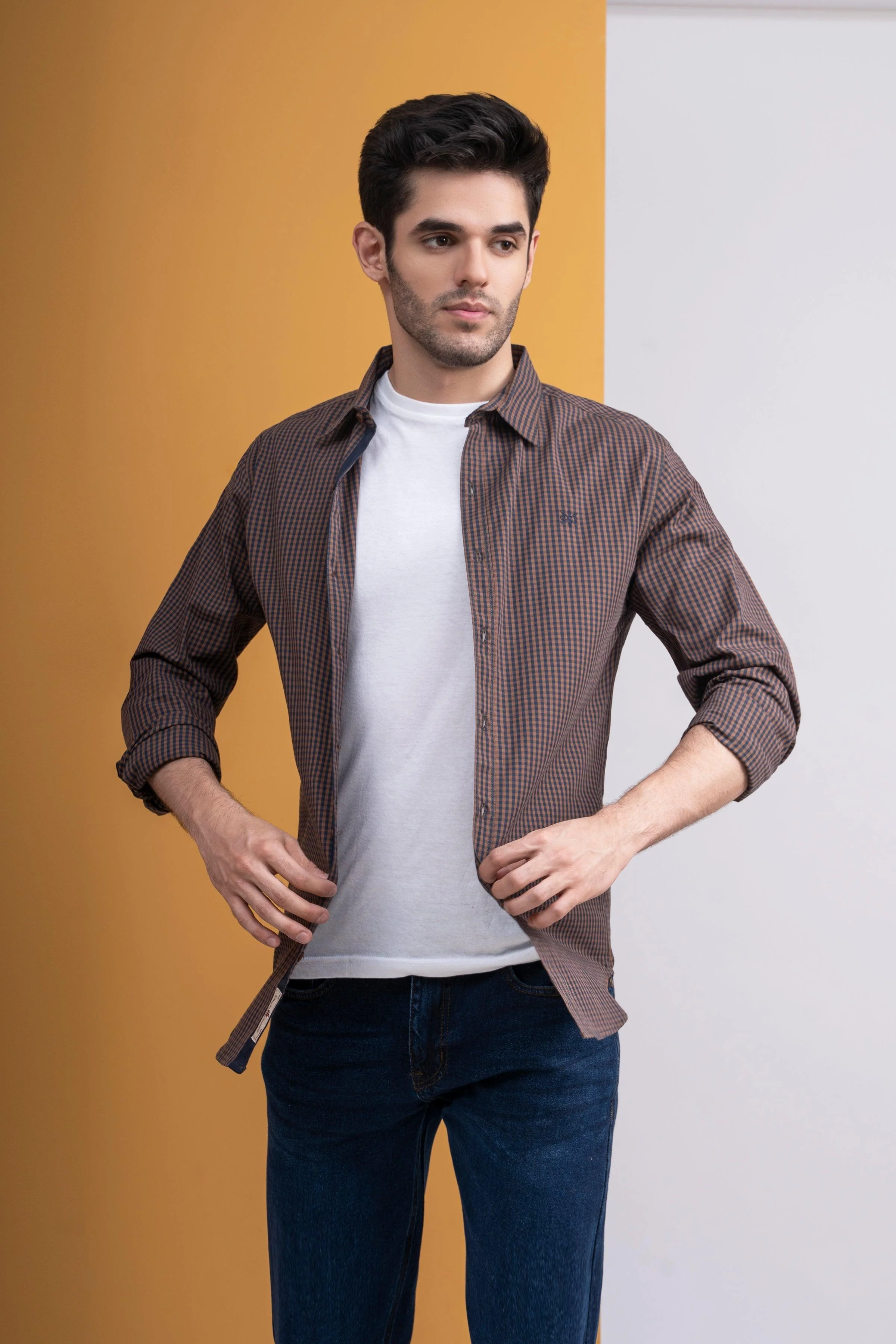 CASUAL SHIRT FULL SLEEVE BROWN NAVY MINI CHECK - Image 2