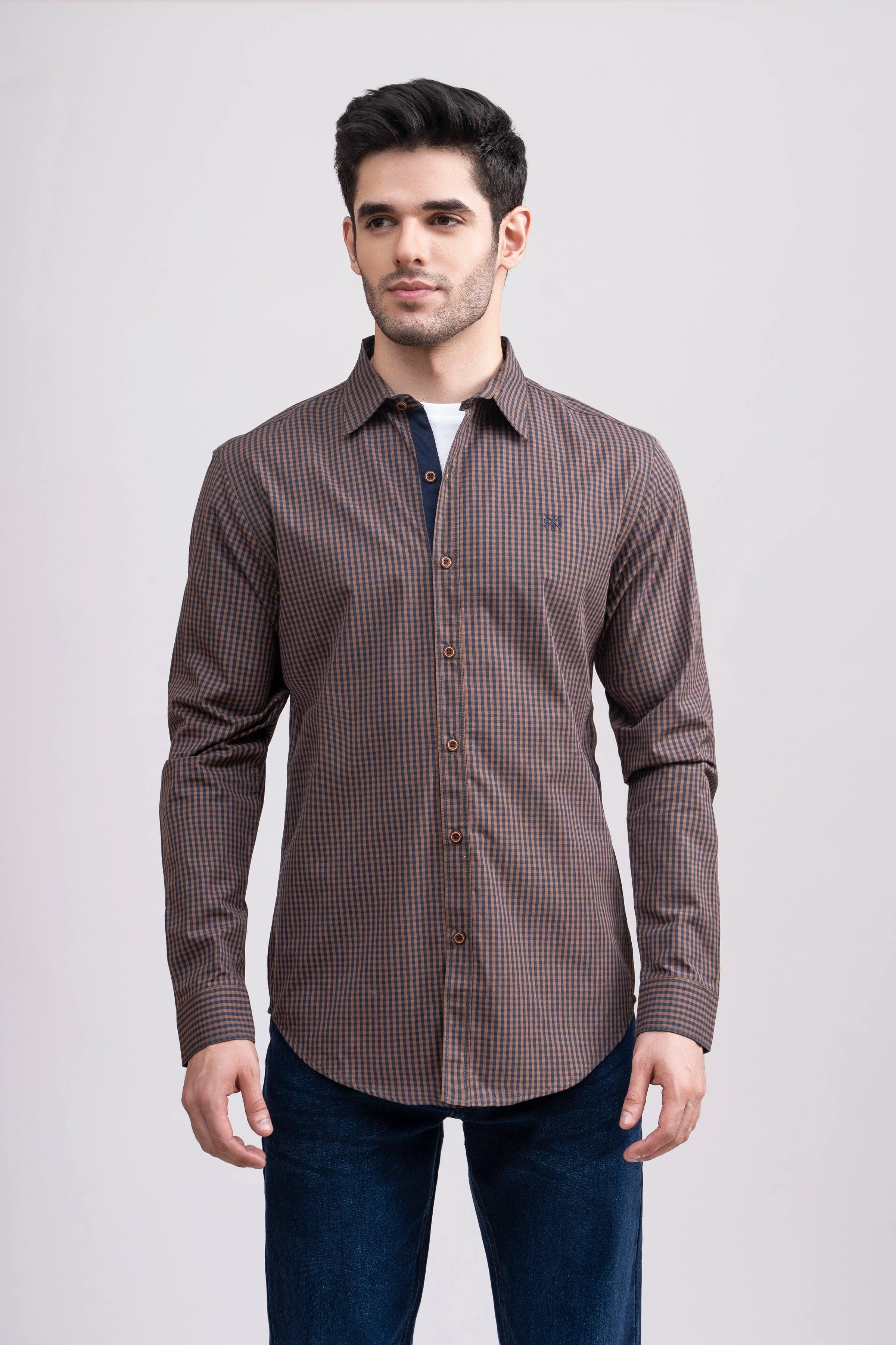 CASUAL SHIRT FULL SLEEVE BROWN NAVY MINI CHECK - Image 3