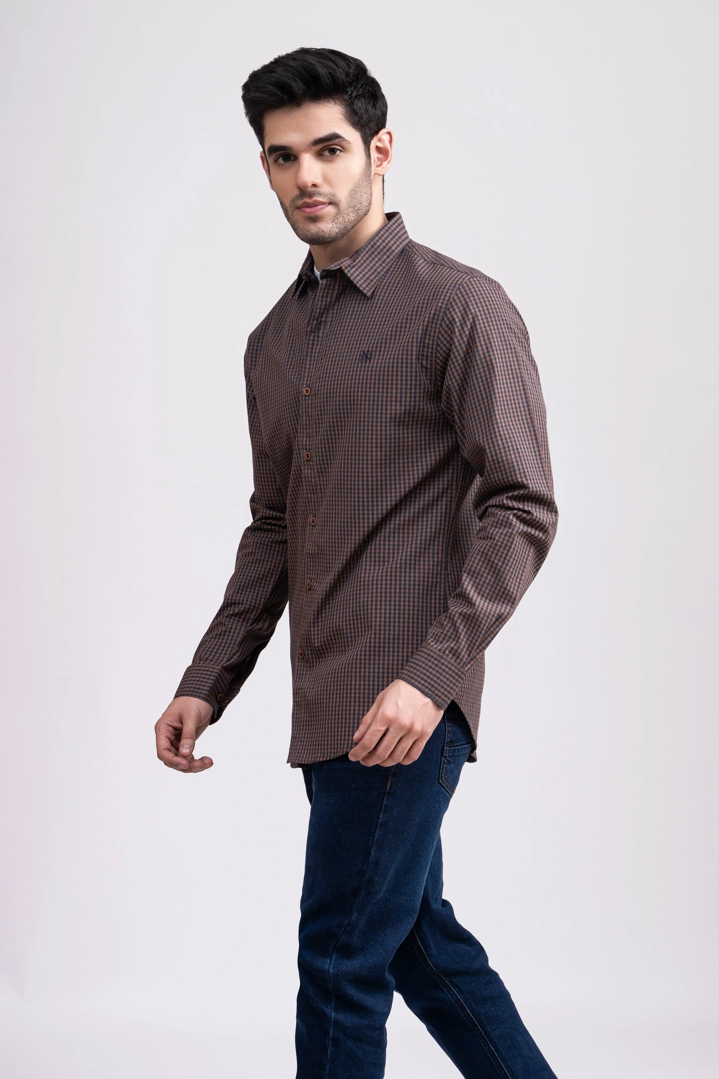 CASUAL SHIRT FULL SLEEVE BROWN NAVY MINI CHECK - Image 4