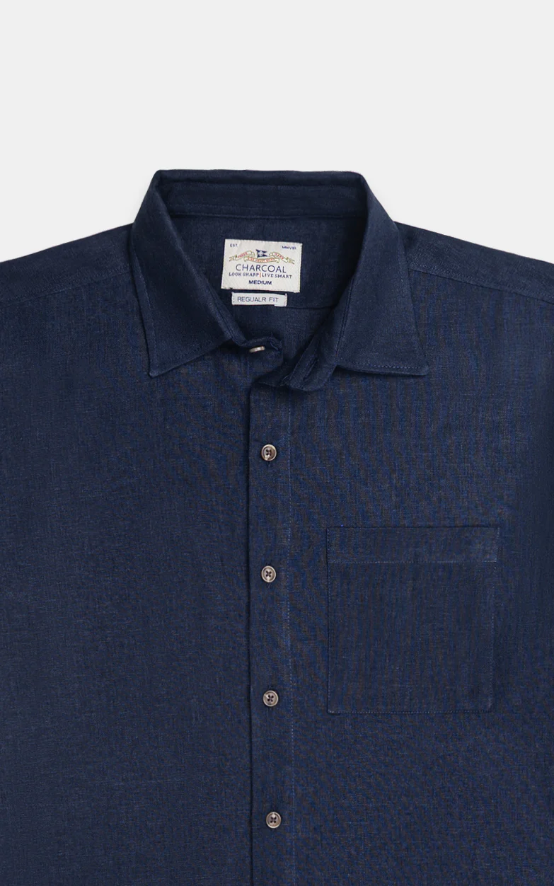 Drop Shoulder Linen Casual Shirt Navy - Image 2