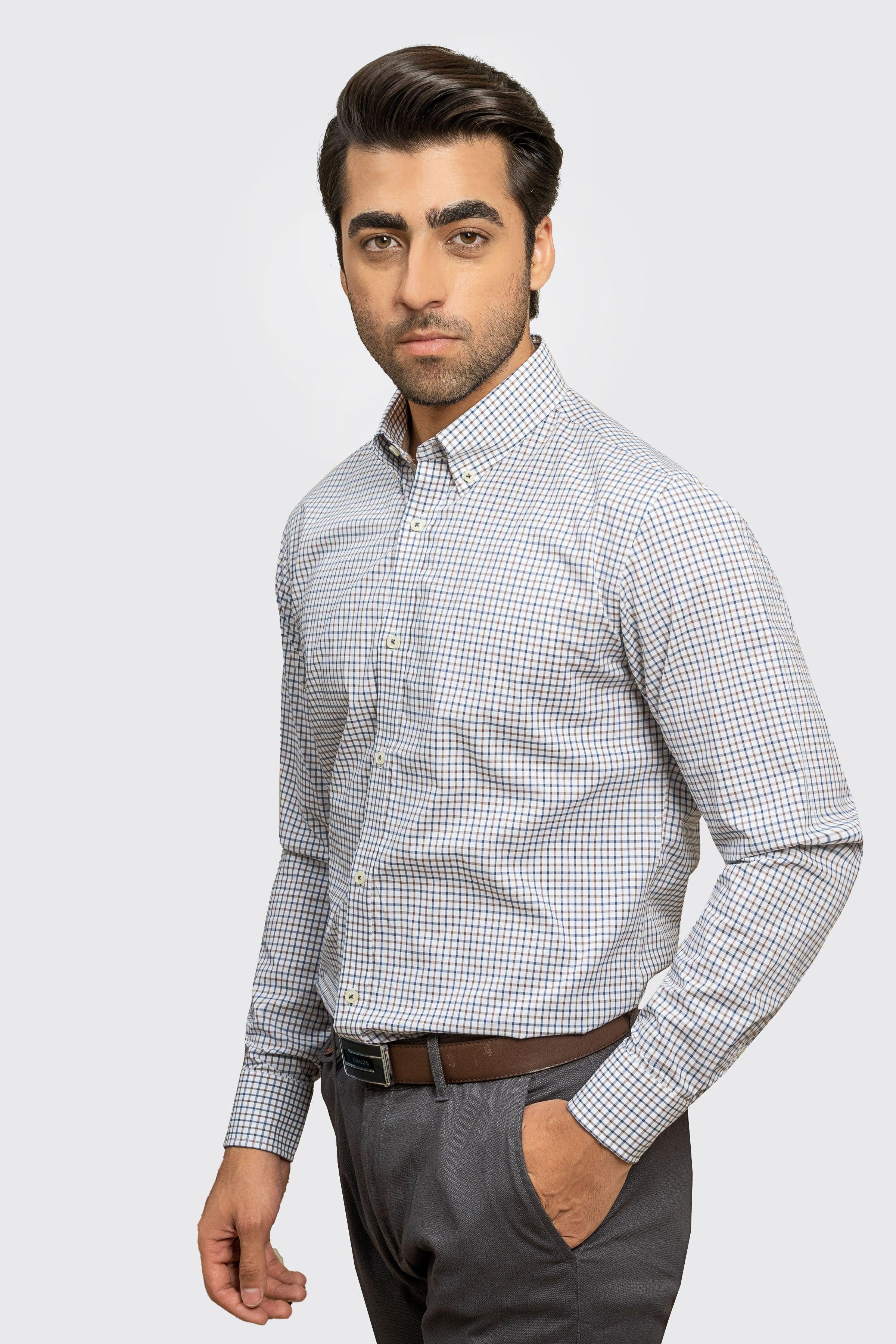 SEMI FORMAL SHIRT BLUE KHAKI CHECK - Image 3
