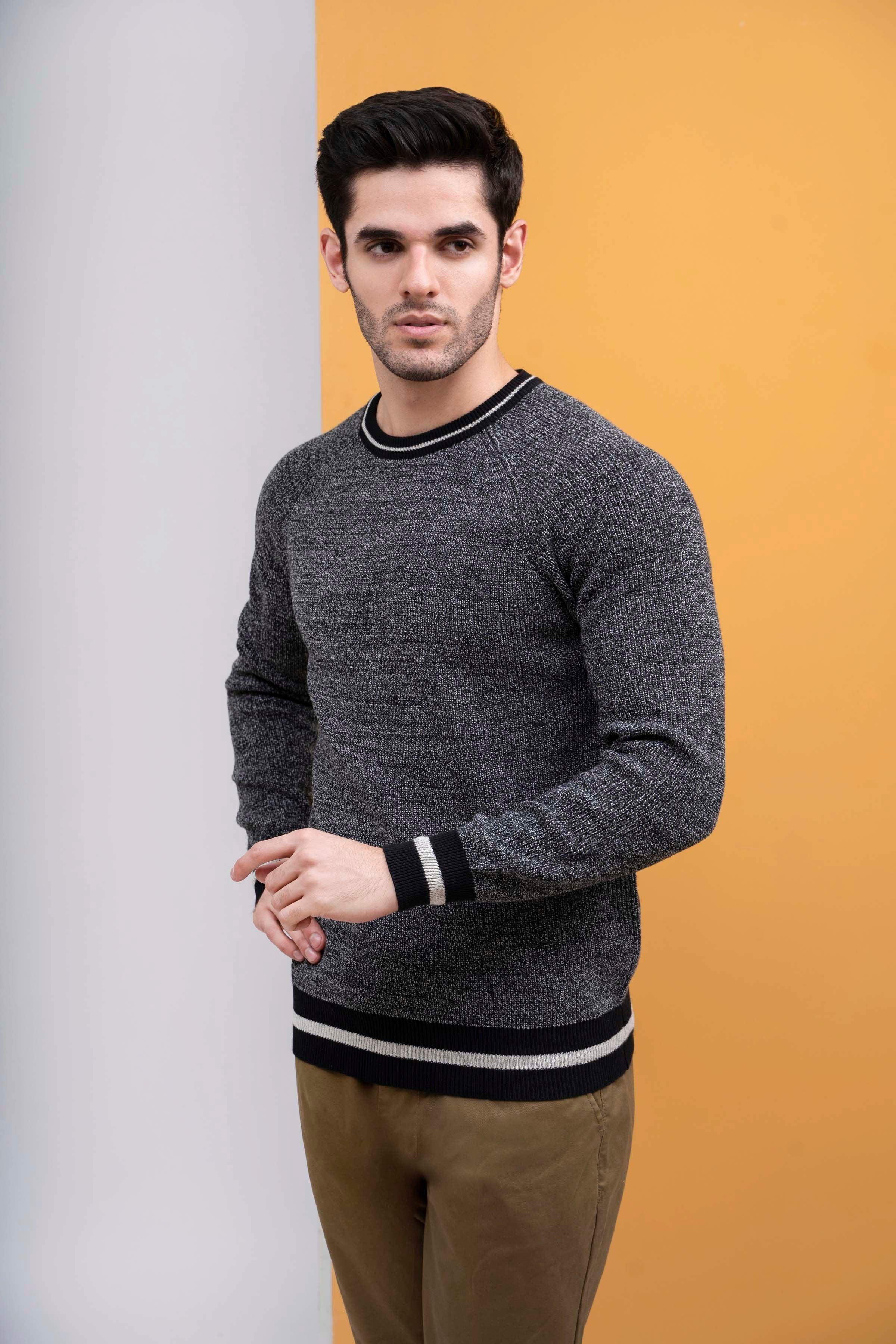 SWEATER ROUND NECK TIPPING FULL SLEEVES BLCK GRAY