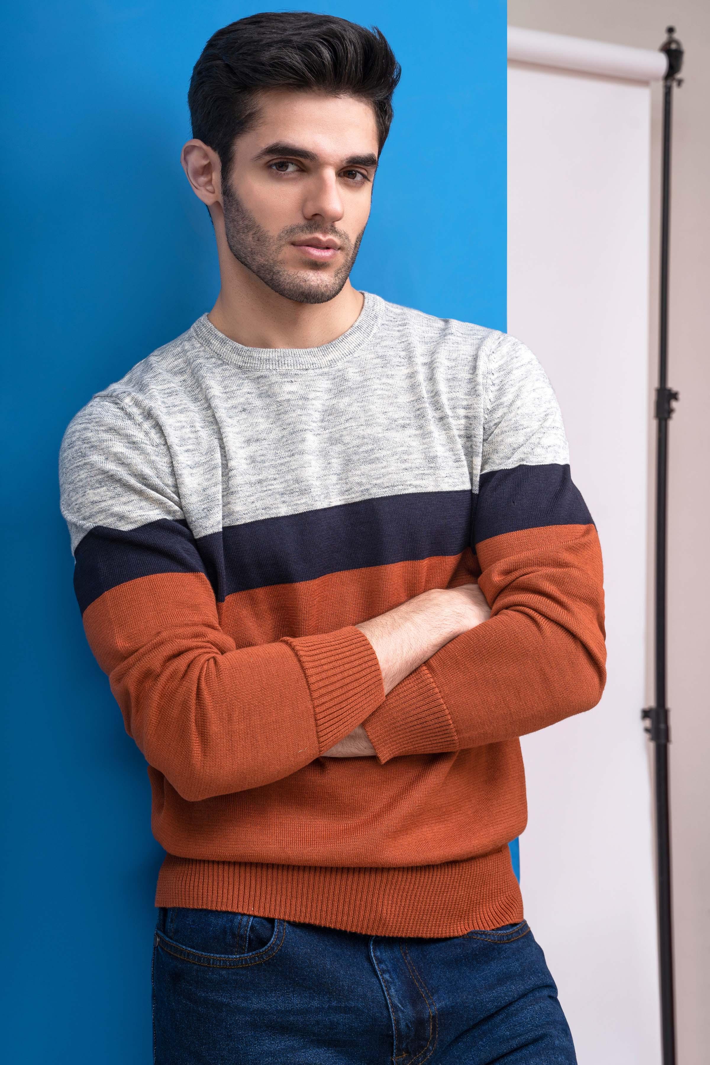 SWEATER FORNT PANEL FULL SLEEVES RUST GREY