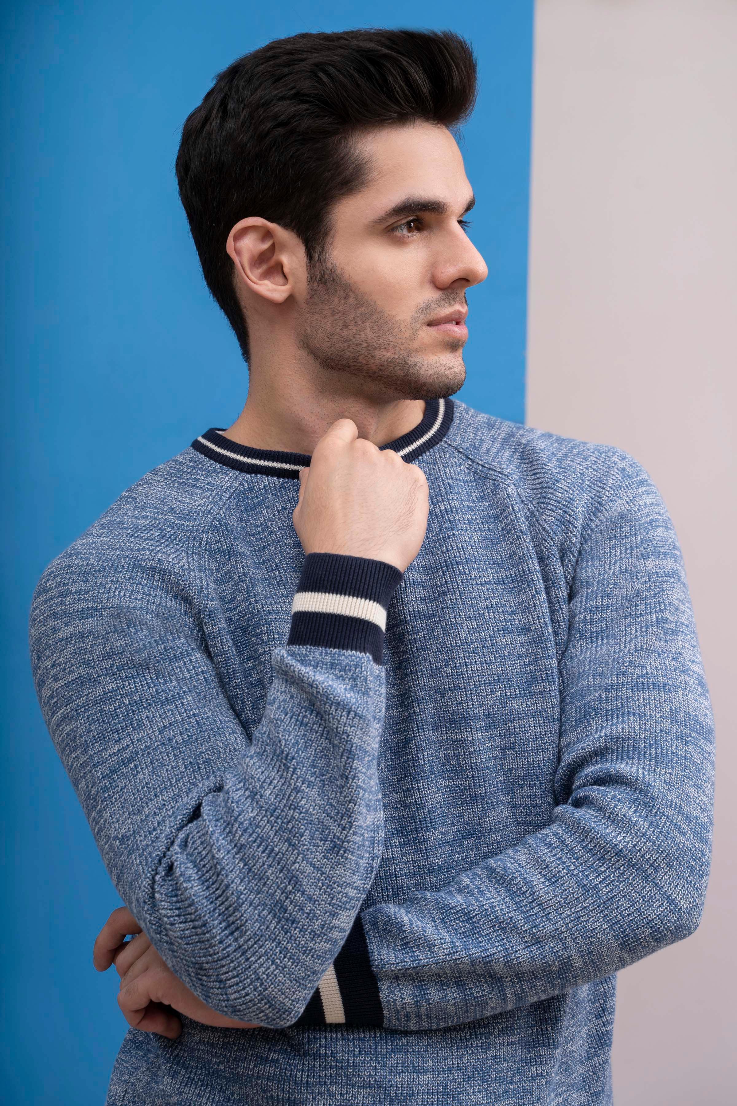SWEATER ROUND NECK TIPPING FULL SLEEVES BLUE - Image 2