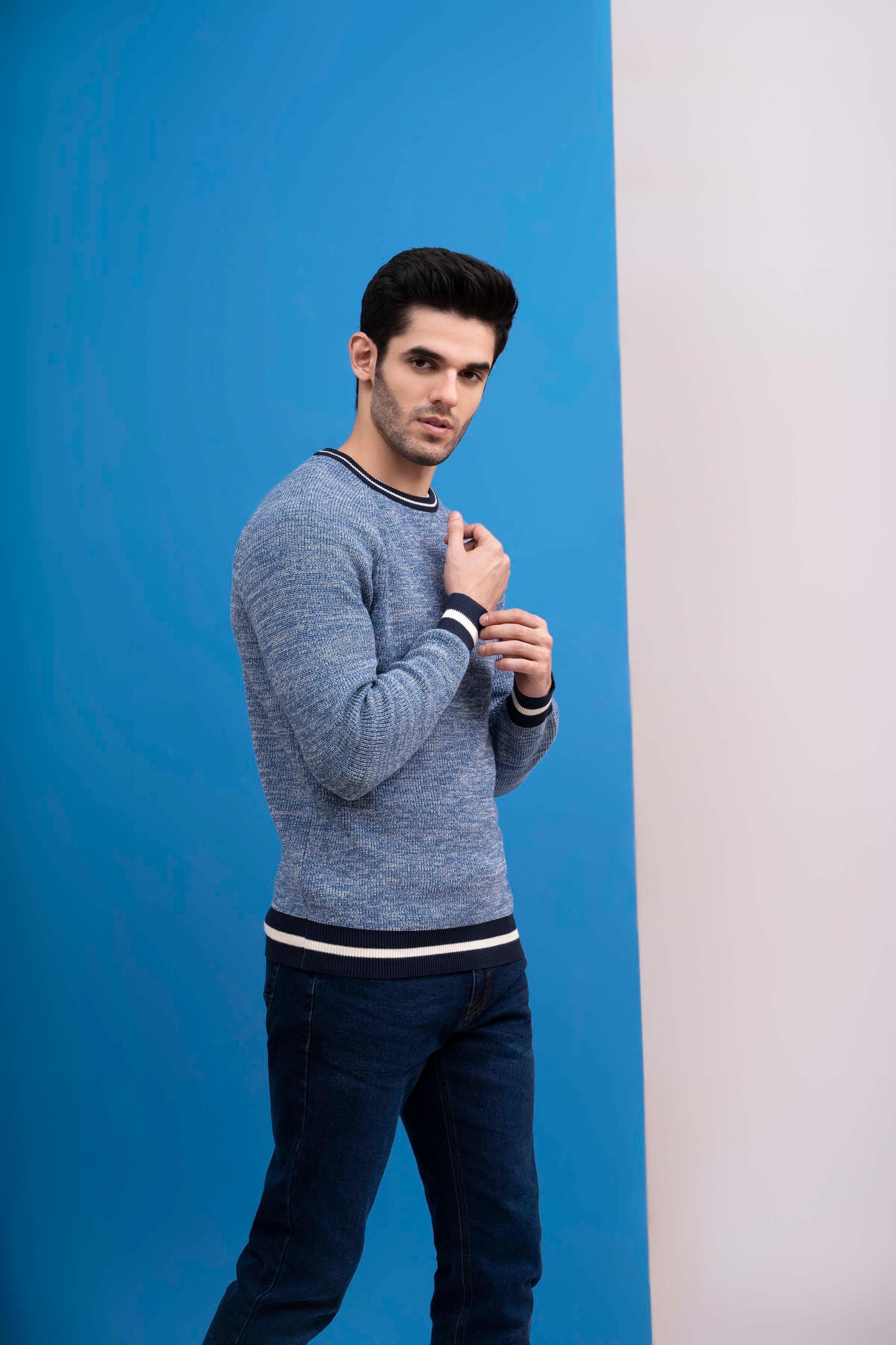 SWEATER ROUND NECK TIPPING FULL SLEEVES BLUE - Image 3