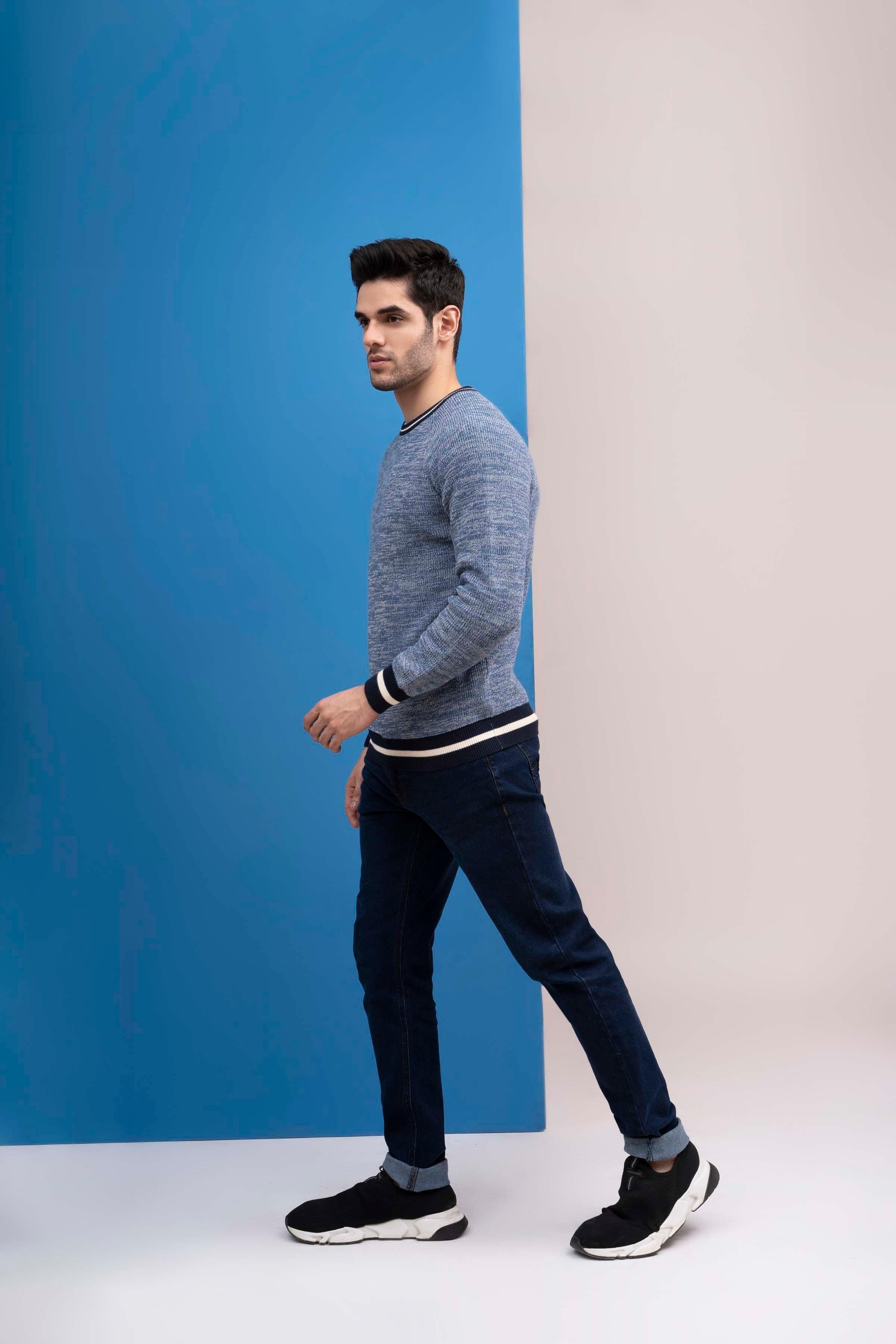 SWEATER ROUND NECK TIPPING FULL SLEEVES BLUE - Image 4