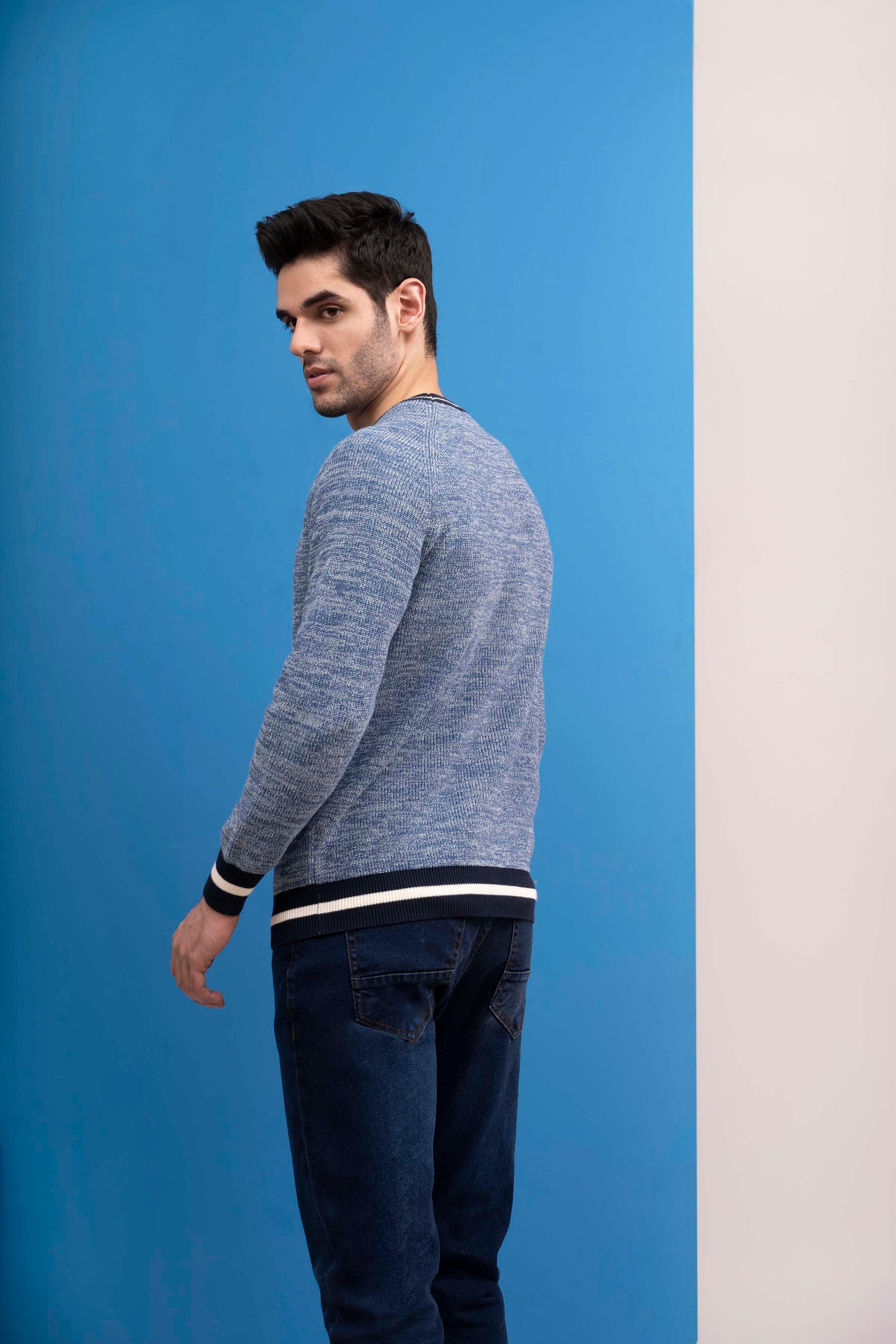 SWEATER ROUND NECK TIPPING FULL SLEEVES BLUE - Image 5