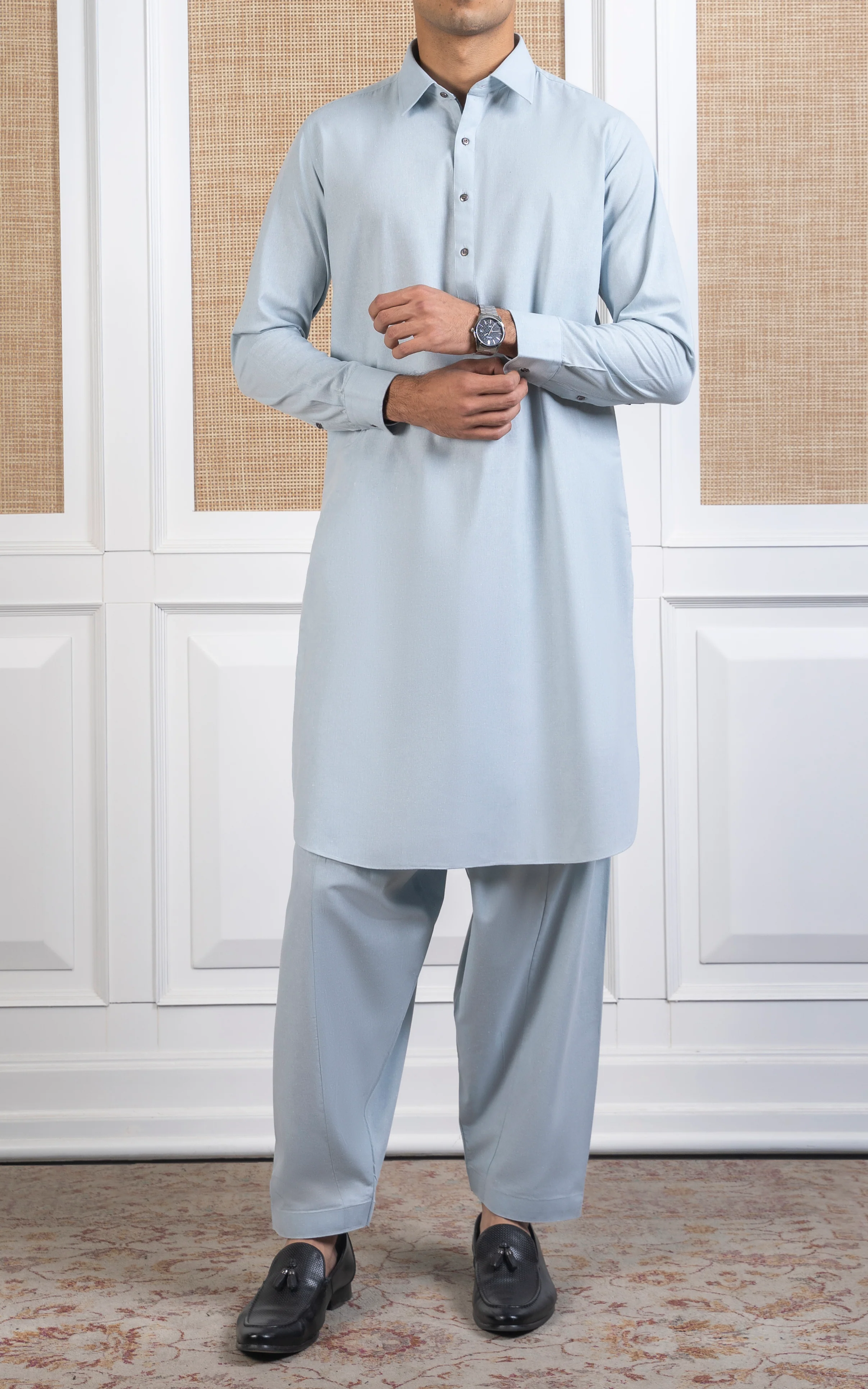 COTTON KARANDI KAMEEZ SHALWAR -CLASSIC COLLECTION ASH GREEN - Image 5