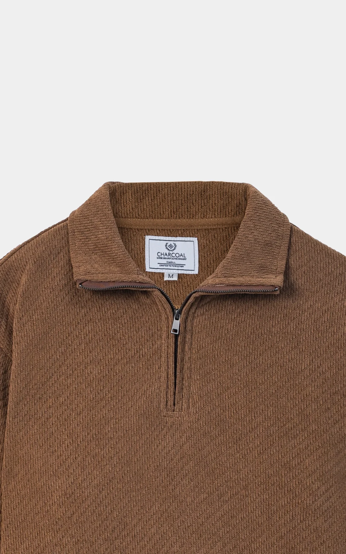 COTTON POLY BLENDED HALF ZIP SWEAT SHIRT BROWN - Image 2