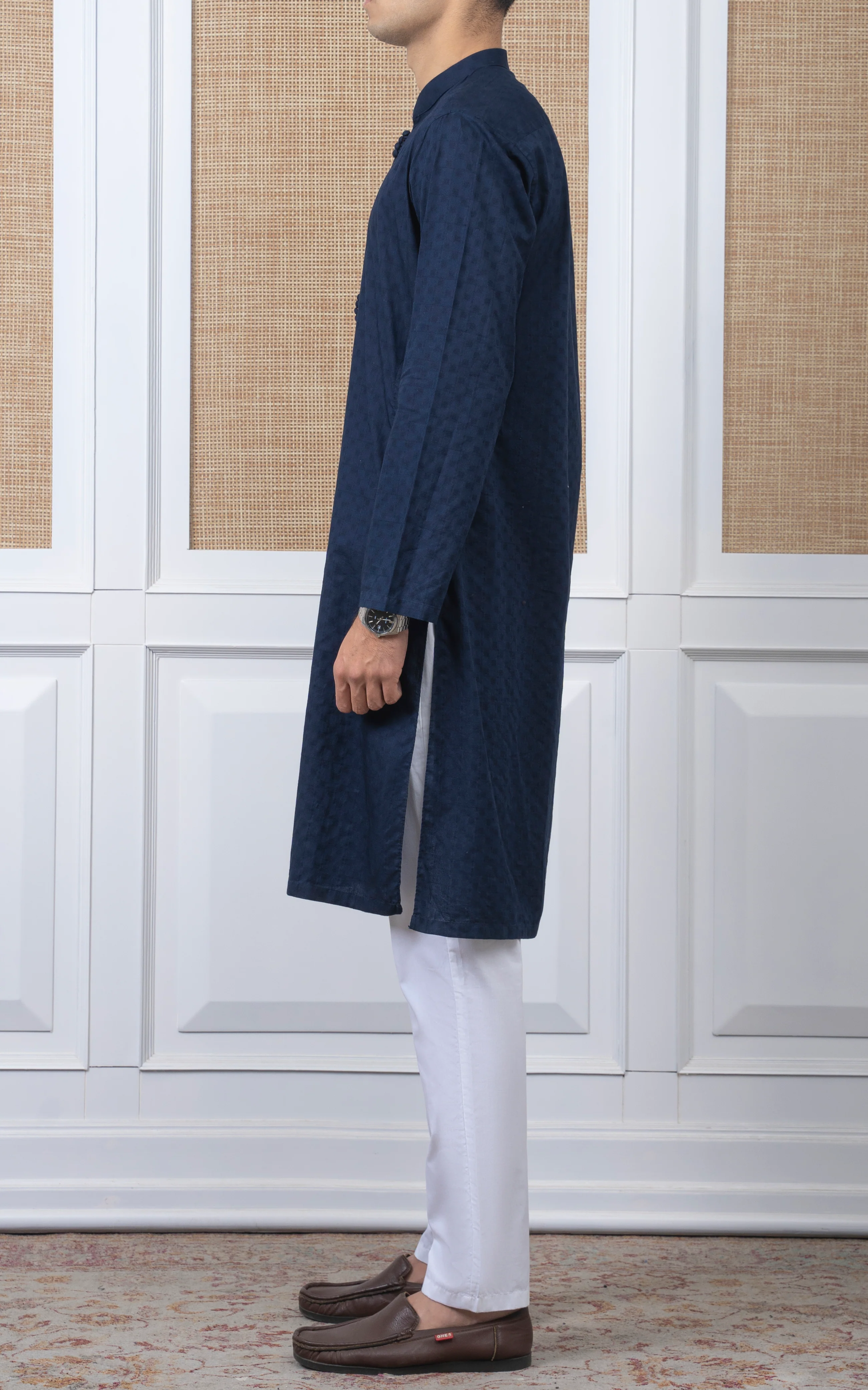 COTTON SELF DOBBY KURTA - PREMIUM COLLECTION NAVY - Image 3