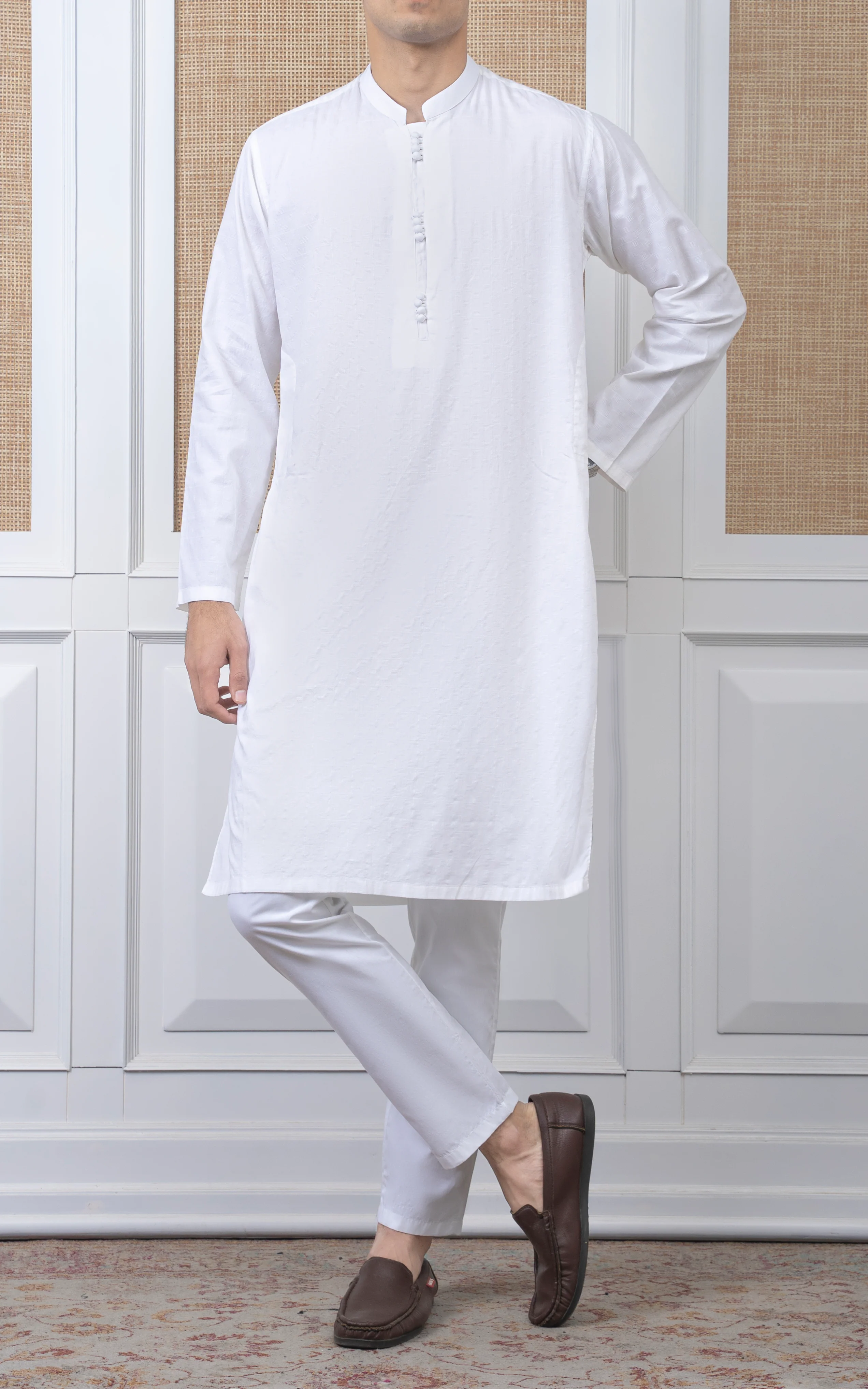 COTTON SELF DOBBY KURTA - PREMIUM COLLECTION WHITE - Image 5
