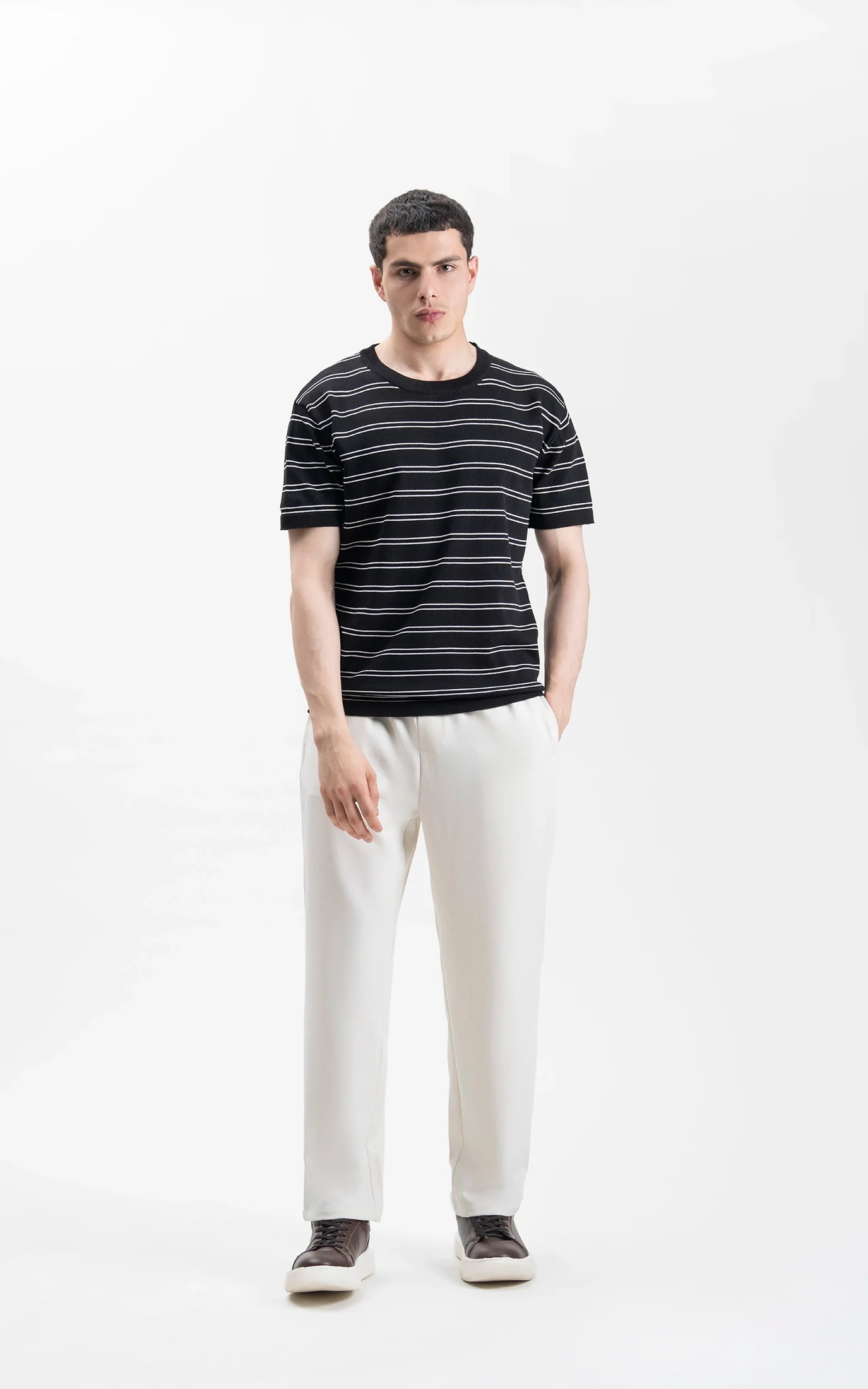 CREW NECK SWEATER KNIT HORIZONTAL STRIPED T-SHIRT BLACK