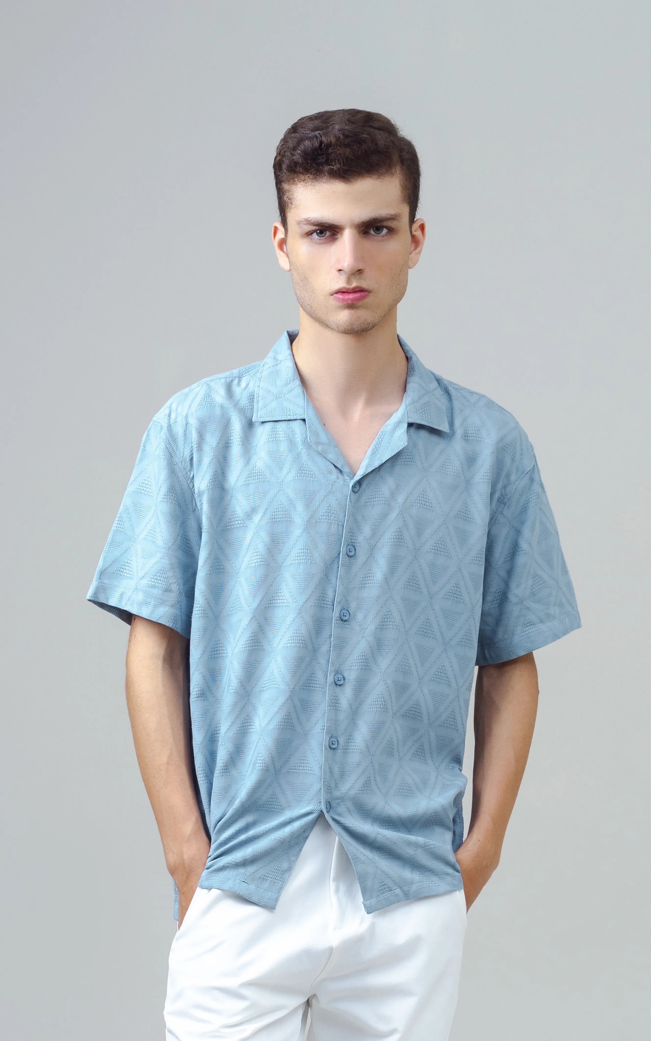 CUBAN COLLAR SHORT SLEEVES SHIRT AQUA BLUE - Image 3