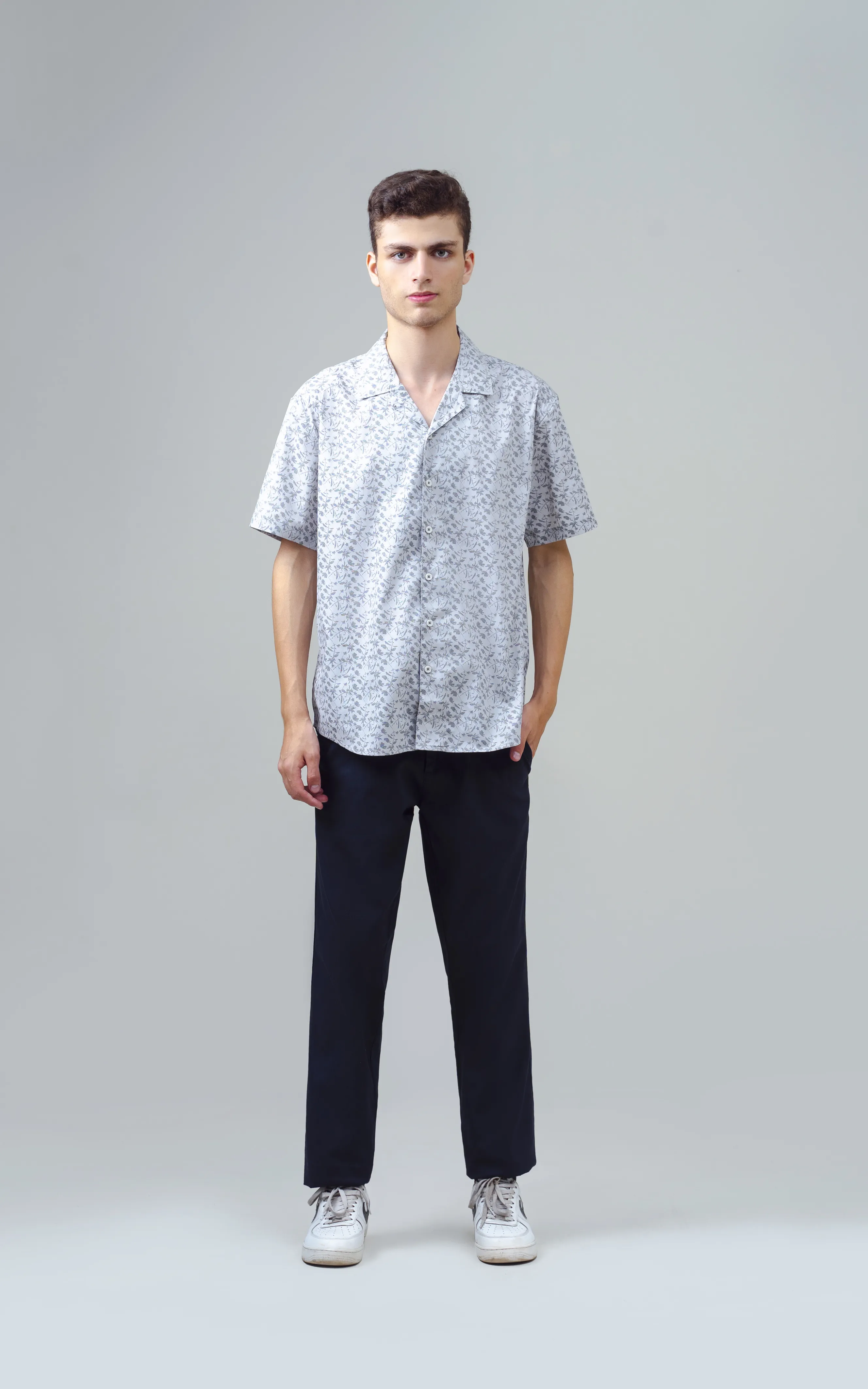 CUBAN COLLAR SHORT SLEEVES SHIRT GREY PRINTED