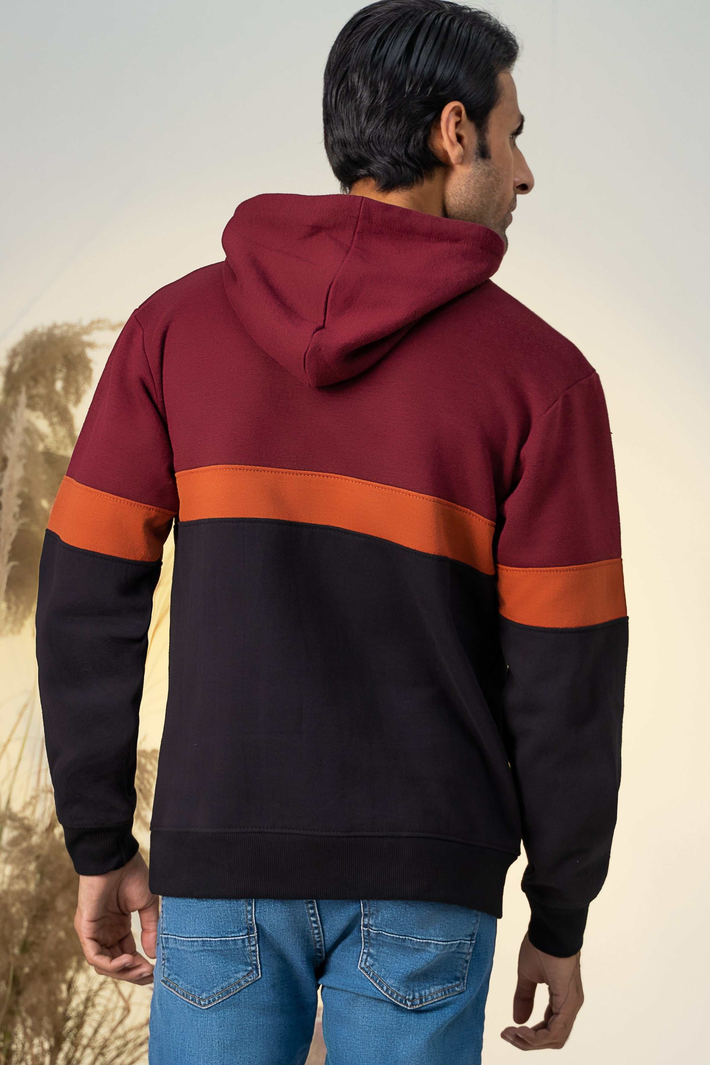 CUT & SEW KANGAROO HOODIES MAHROON BLACK - Image 3