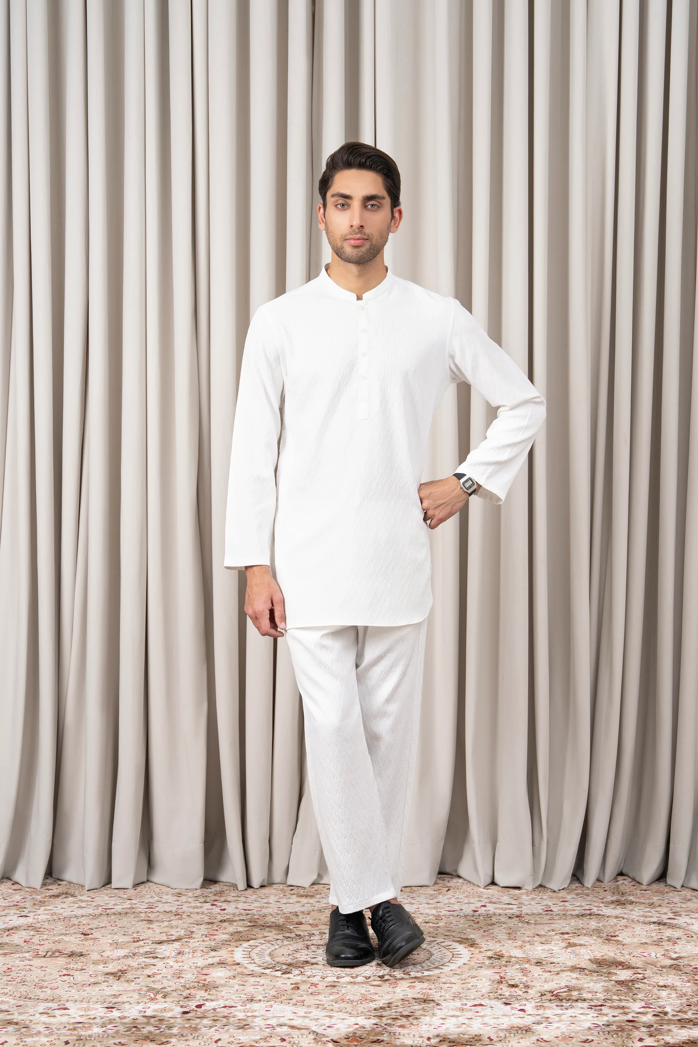 DOBBY TEXTURED KURTA PAJAMA - SIGNATURE COLLECTION WHITE - Image 3