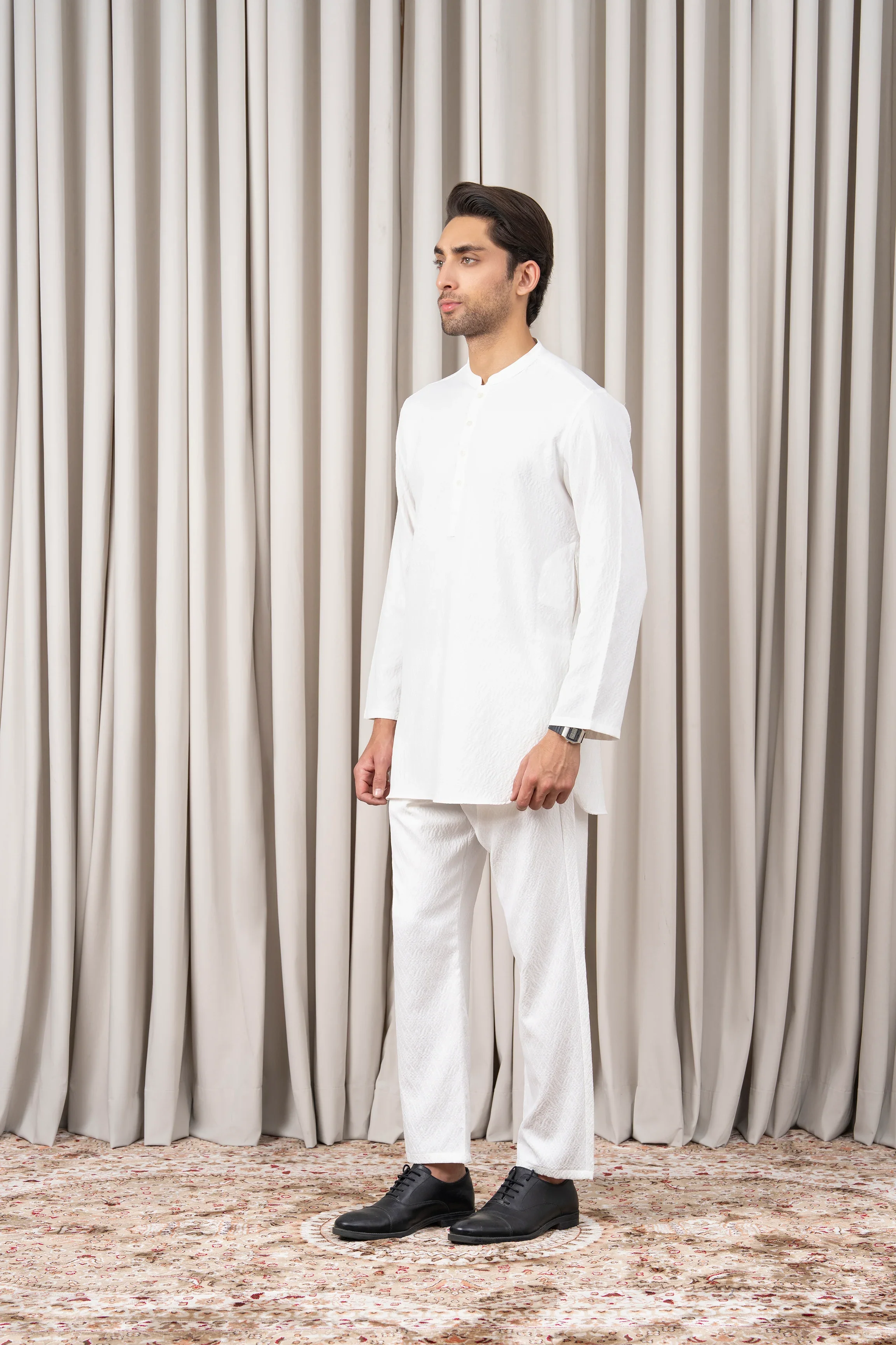 DOBBY TEXTURED KURTA PAJAMA - SIGNATURE COLLECTION WHITE - Image 4
