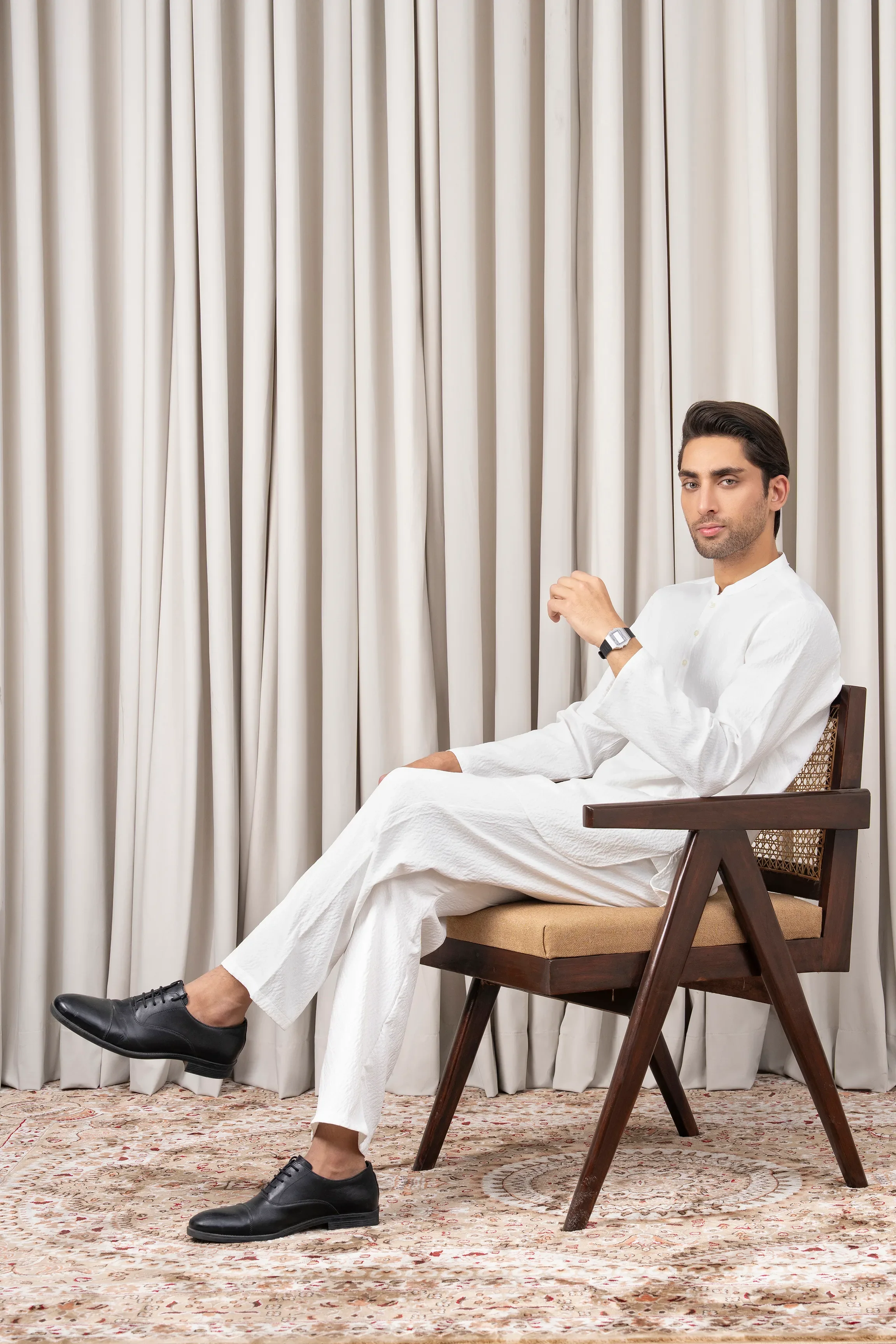 DOBBY TEXTURED KURTA PAJAMA - SIGNATURE COLLECTION WHITE - Image 6