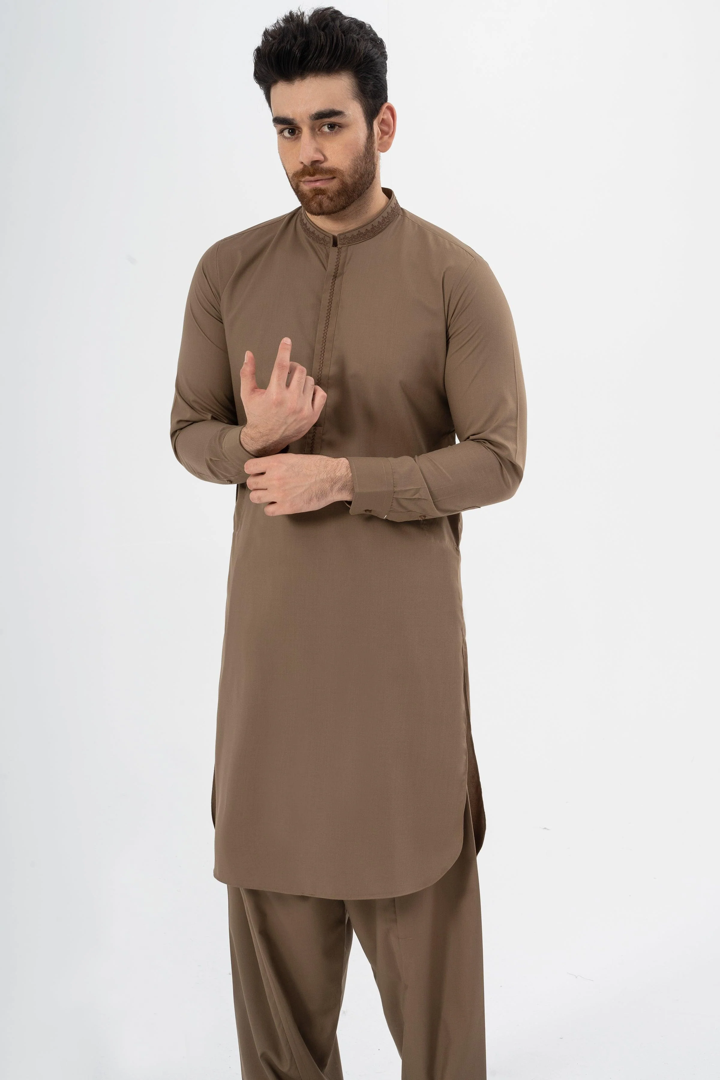 EMBROIDERED SHALWAR KAMEEZ KHAKI - Image 3