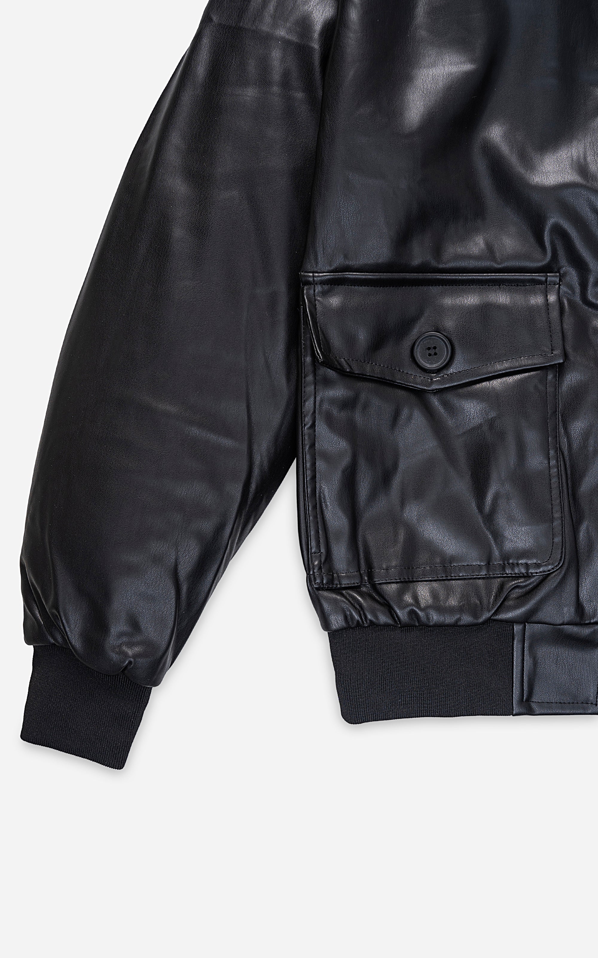 FAUX FUR COLLAR PU JACKET BLACK - Image 3