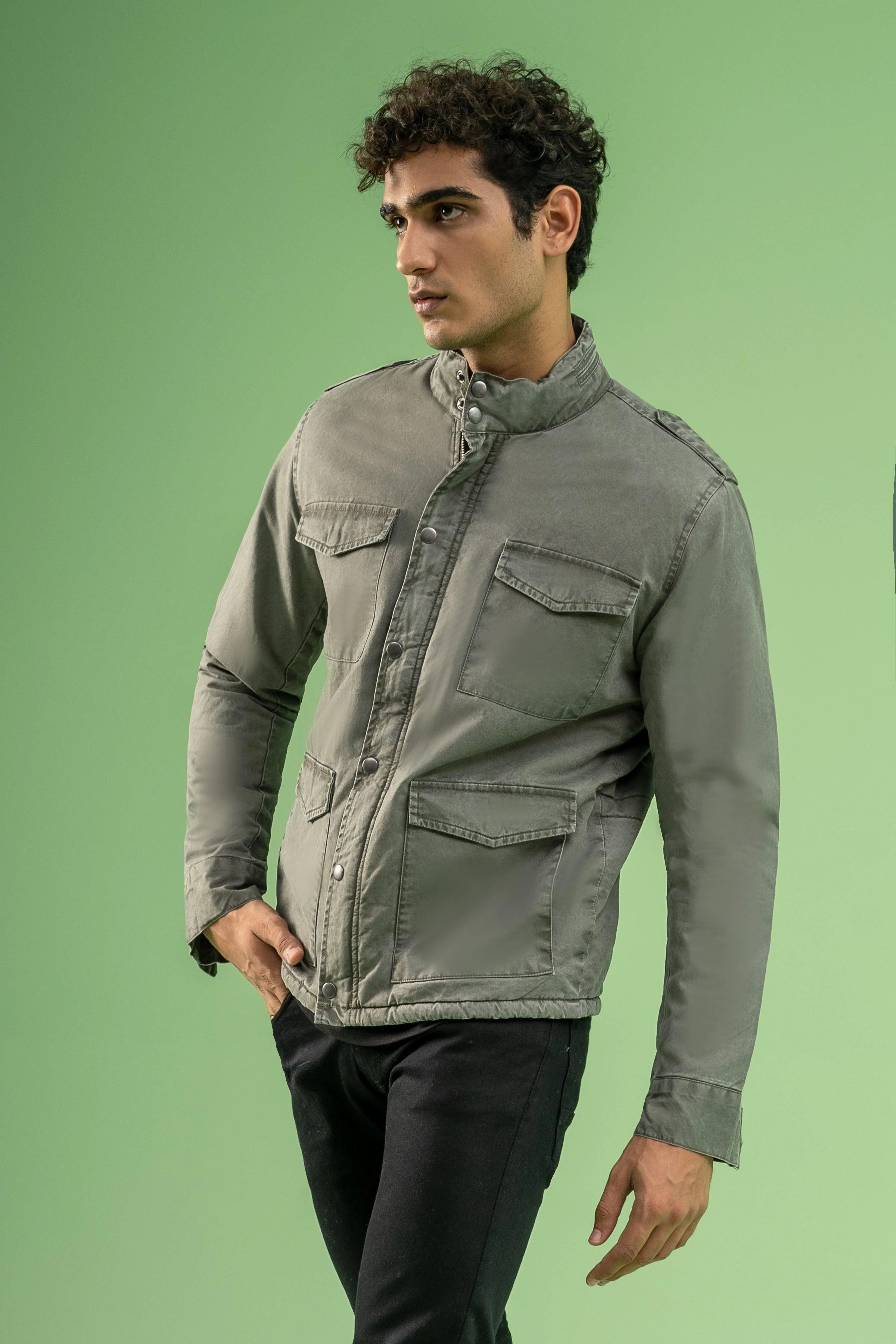 FULL SLEEVE ENZYME WASHED FIELD JACKET OLIVE