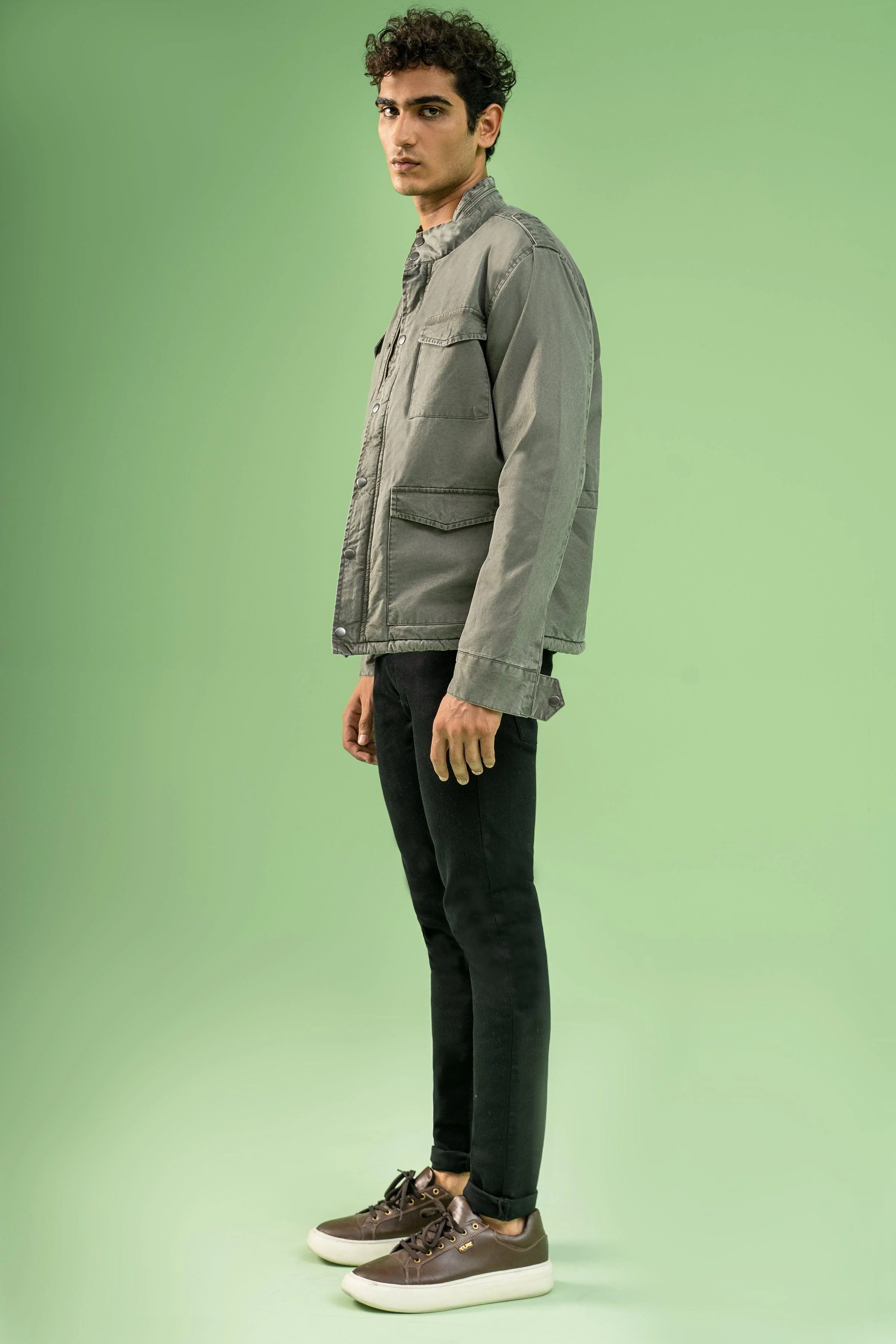 FULL SLEEVE ENZYME WASHED FIELD JACKET OLIVE - Image 2