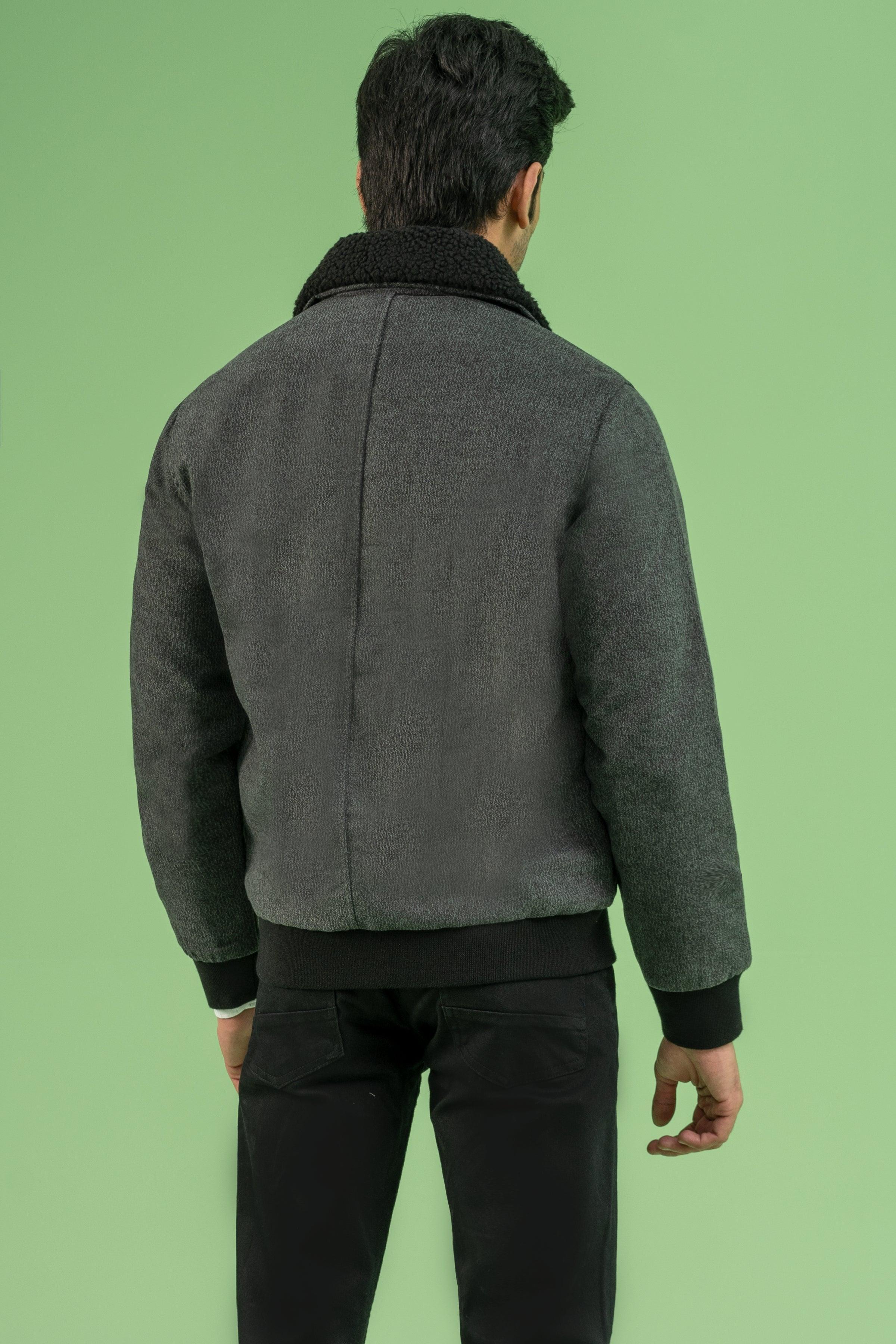 FULL SLEEVE WOOLEN FUR COLLAR JACKET CHARCOAL MELANGE - Image 3