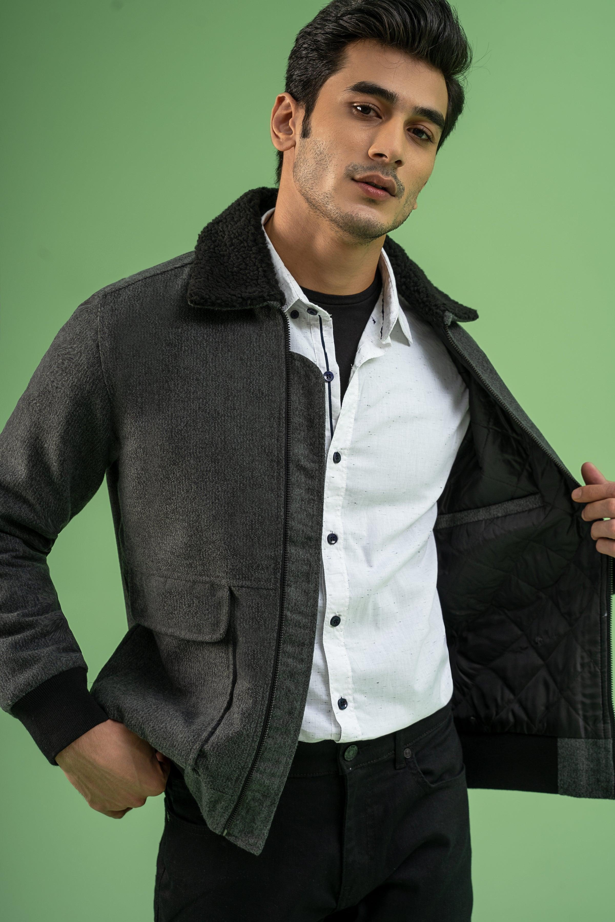 FULL SLEEVE WOOLEN FUR COLLAR JACKET CHARCOAL MELANGE - Image 4